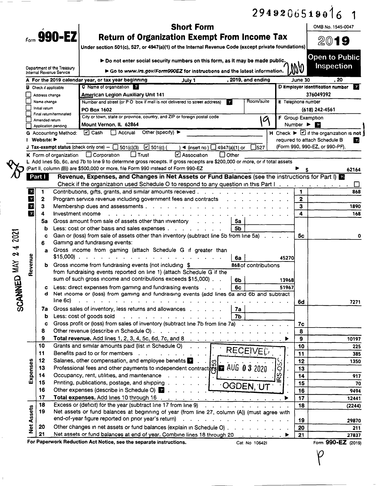 Image of first page of 2019 Form 990EO for American Legion Auxiliary - American Legion Auxiliary Unit 141