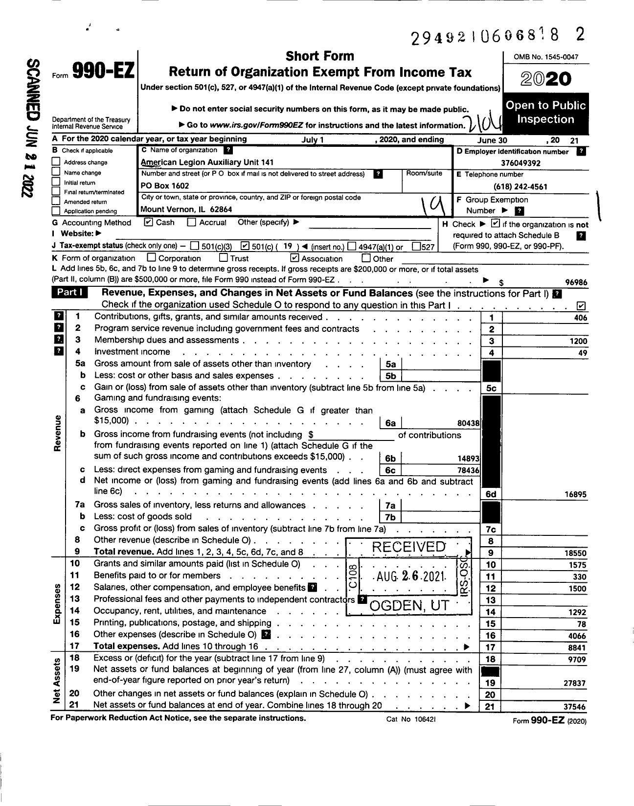 Image of first page of 2020 Form 990EO for American Legion Auxiliary - American Legion Auxiliary Unit 141