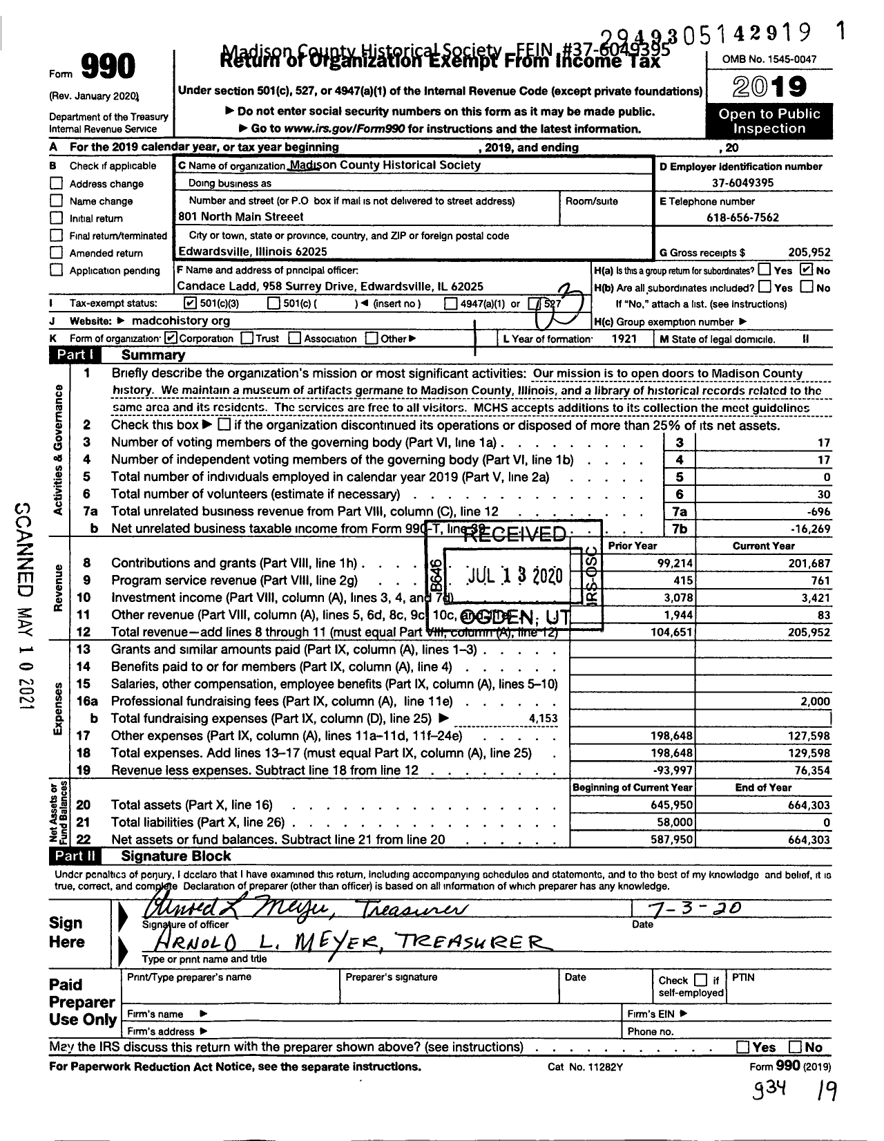 Image of first page of 2019 Form 990 for Madison County Historical Society