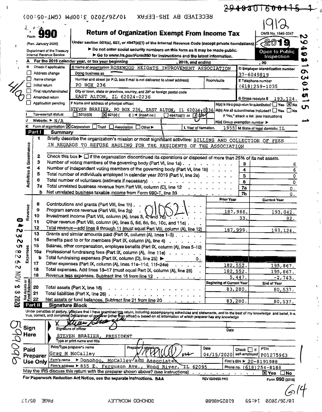 Image of first page of 2019 Form 990O for Rosewood Heights Improvement Association