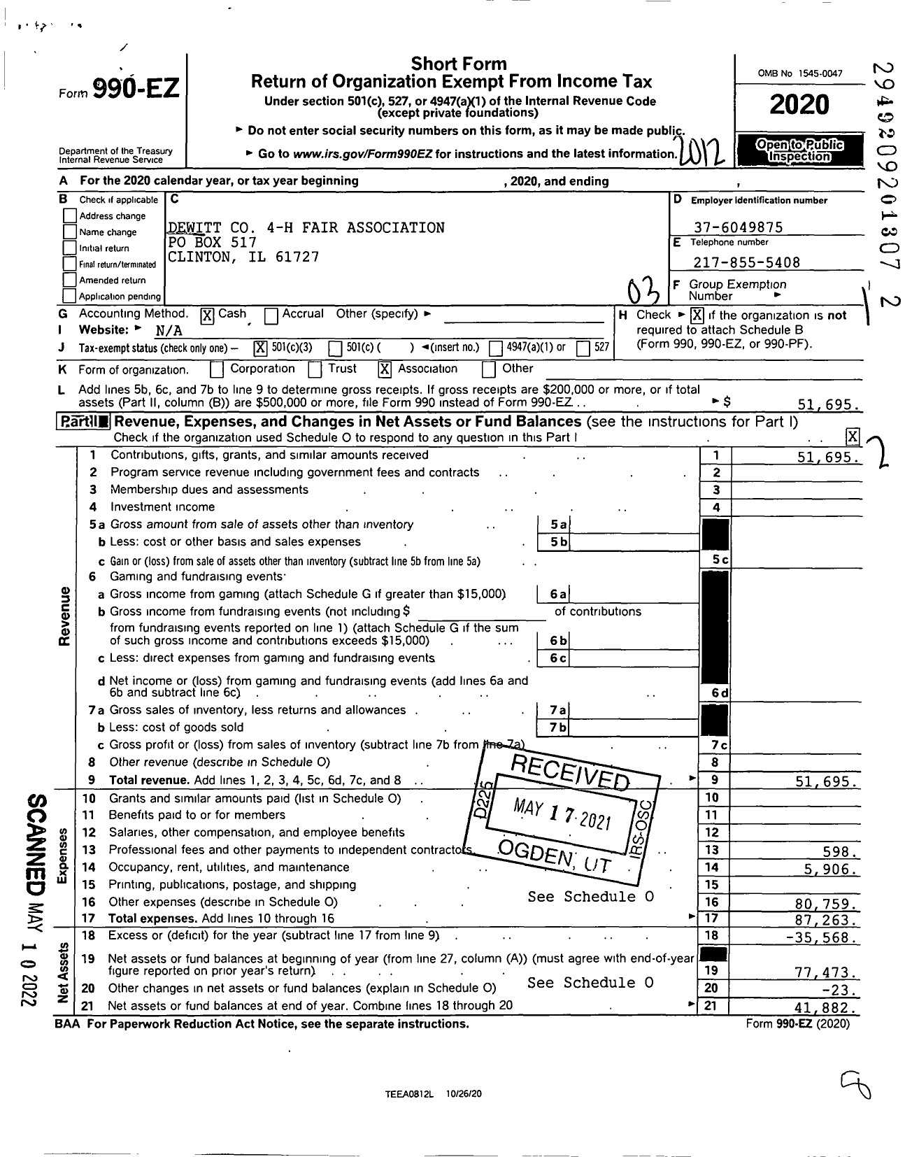 Image of first page of 2020 Form 990EZ for Dewitt County 4-H Fair Association