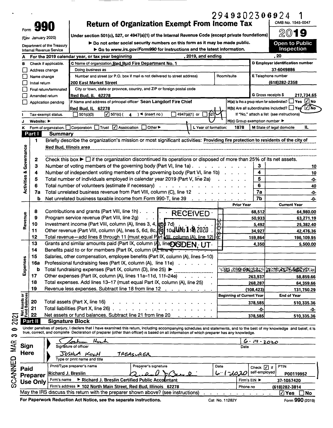 Image of first page of 2019 Form 990O for Red Bud Fire Department No 1