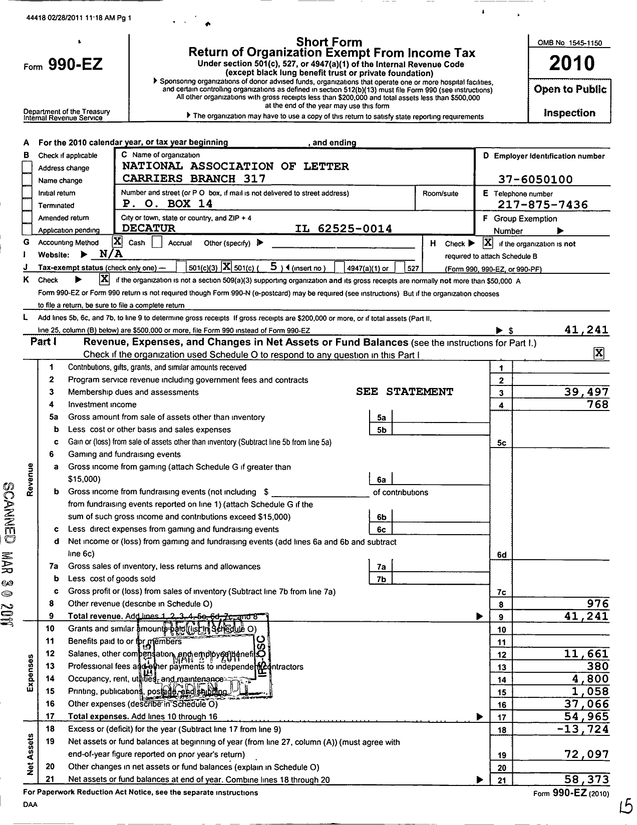 Image of first page of 2010 Form 990EO for National Association of Letter Carriers - Nalc Branch 317