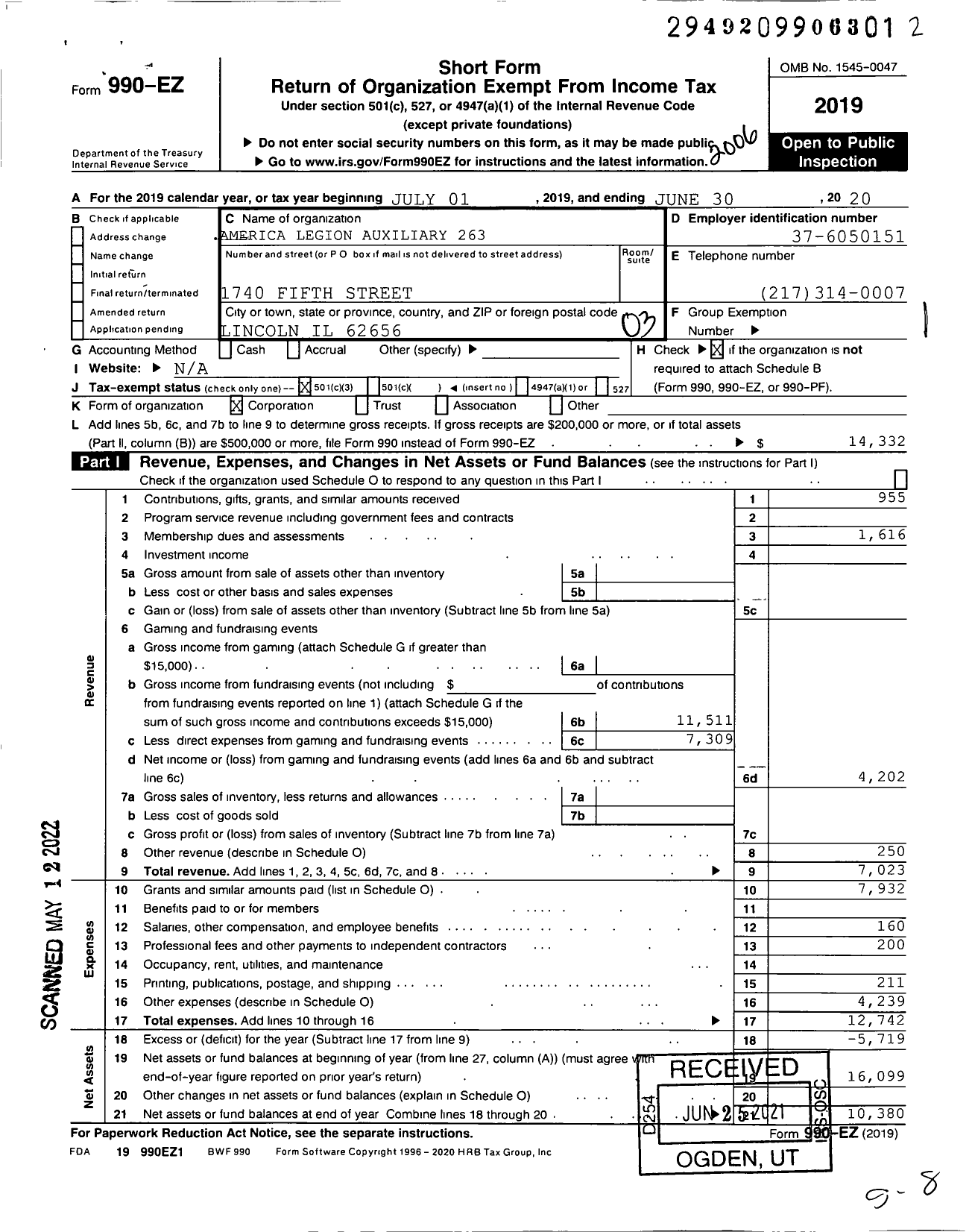 Image of first page of 2019 Form 990EZ for American Legion Auxiliary - 263 Logan