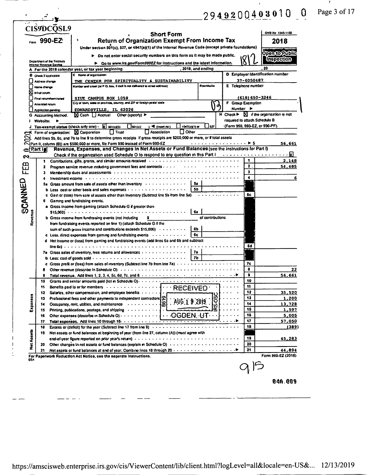 Image of first page of 2018 Form 990EZ for The Center for Spirituality and Sustainability