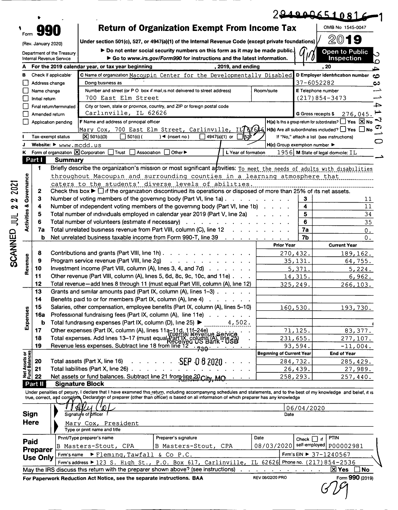 Image of first page of 2019 Form 990 for Macoupin Center for the Developmentally Disabled