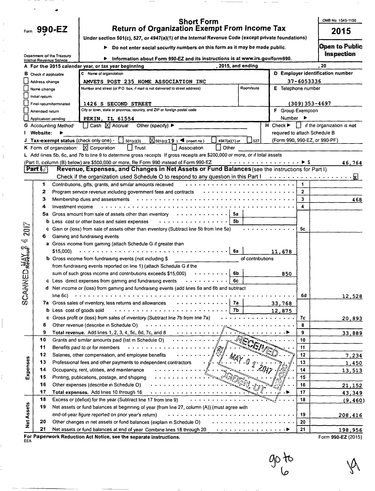 Image of first page of 2015 Form 990EO for Amvets Post 235 Home Association