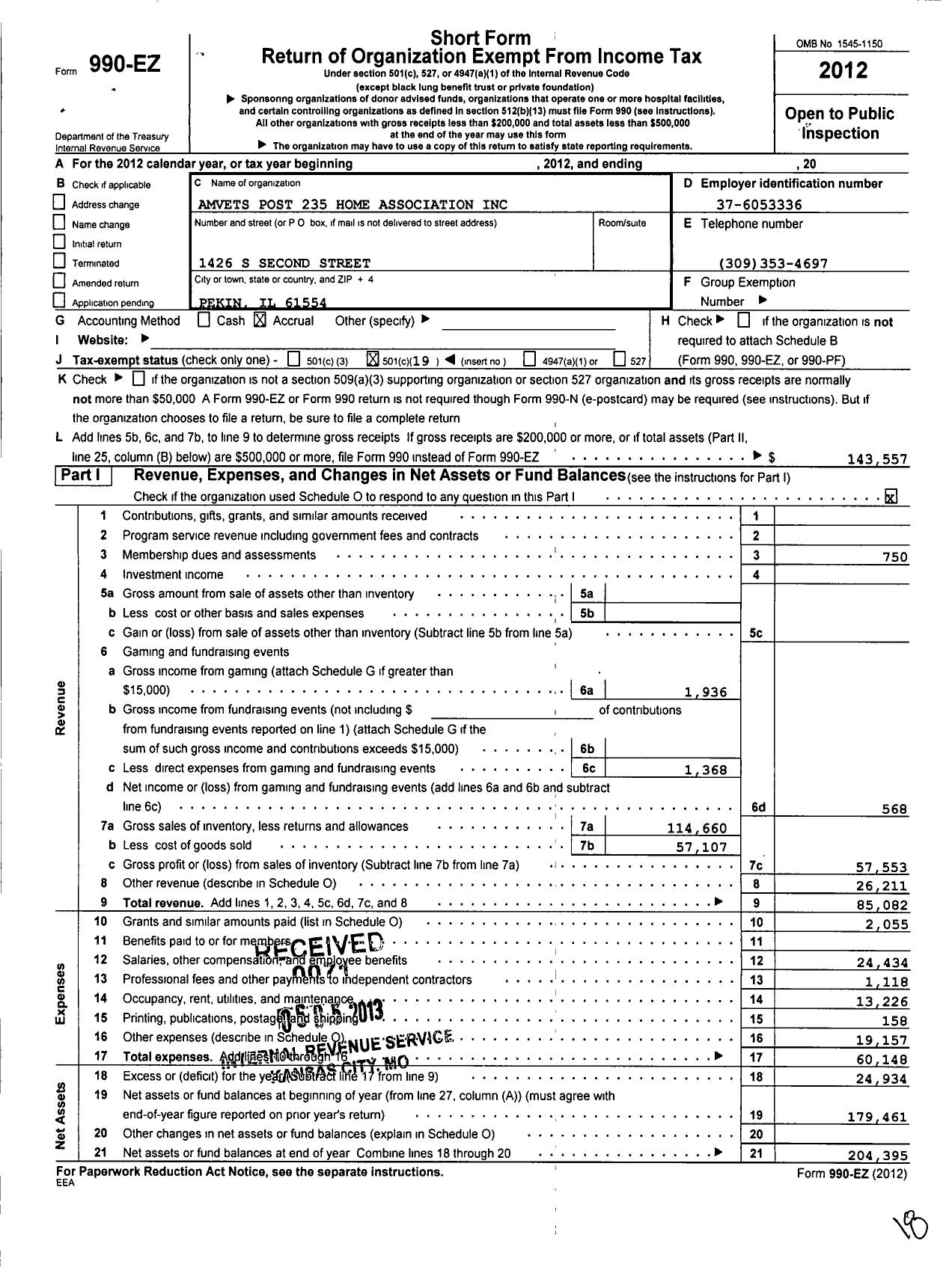 Image of first page of 2012 Form 990EO for Amvets Post 235 Home Association