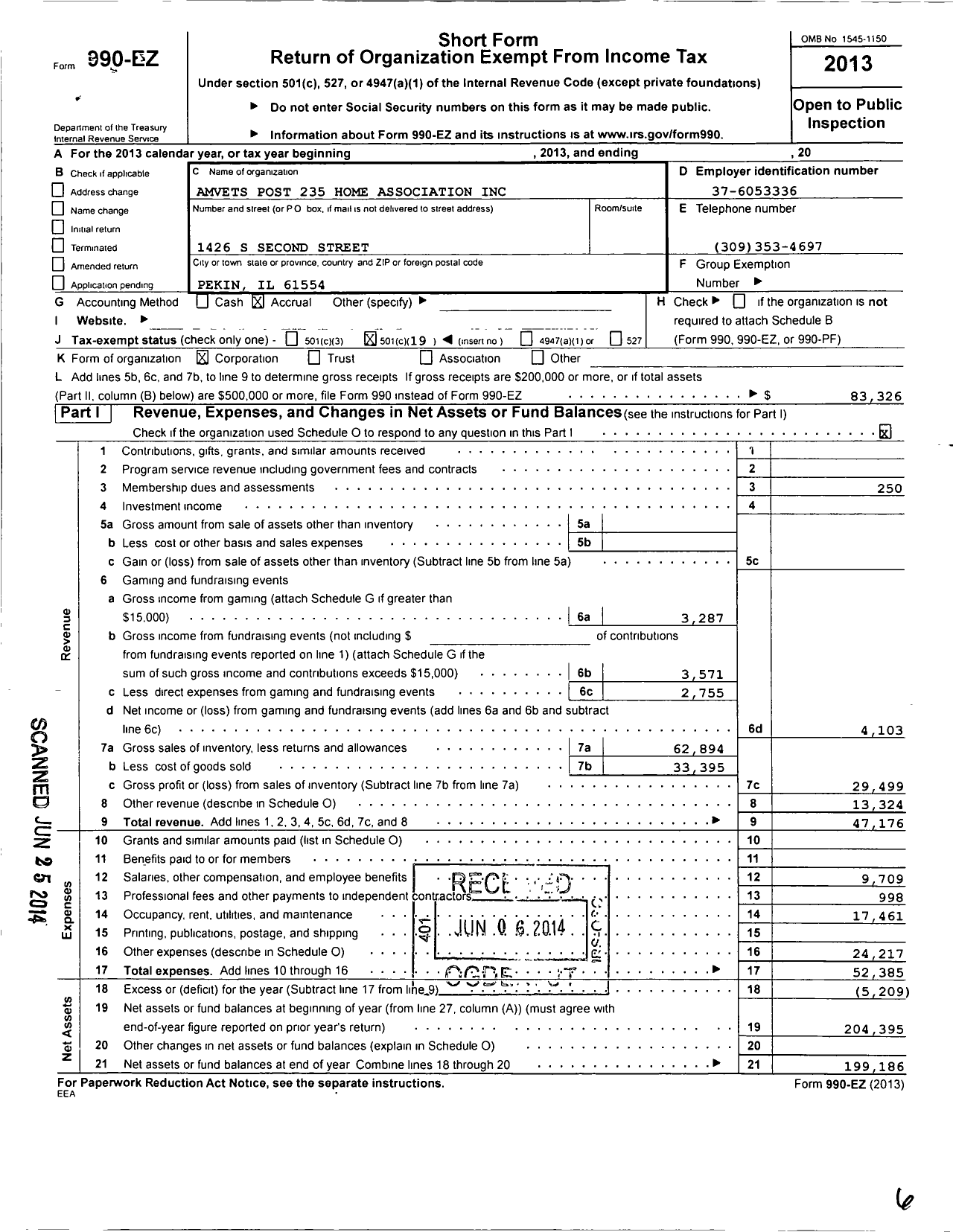 Image of first page of 2013 Form 990EO for Amvets Post 235 Home Association