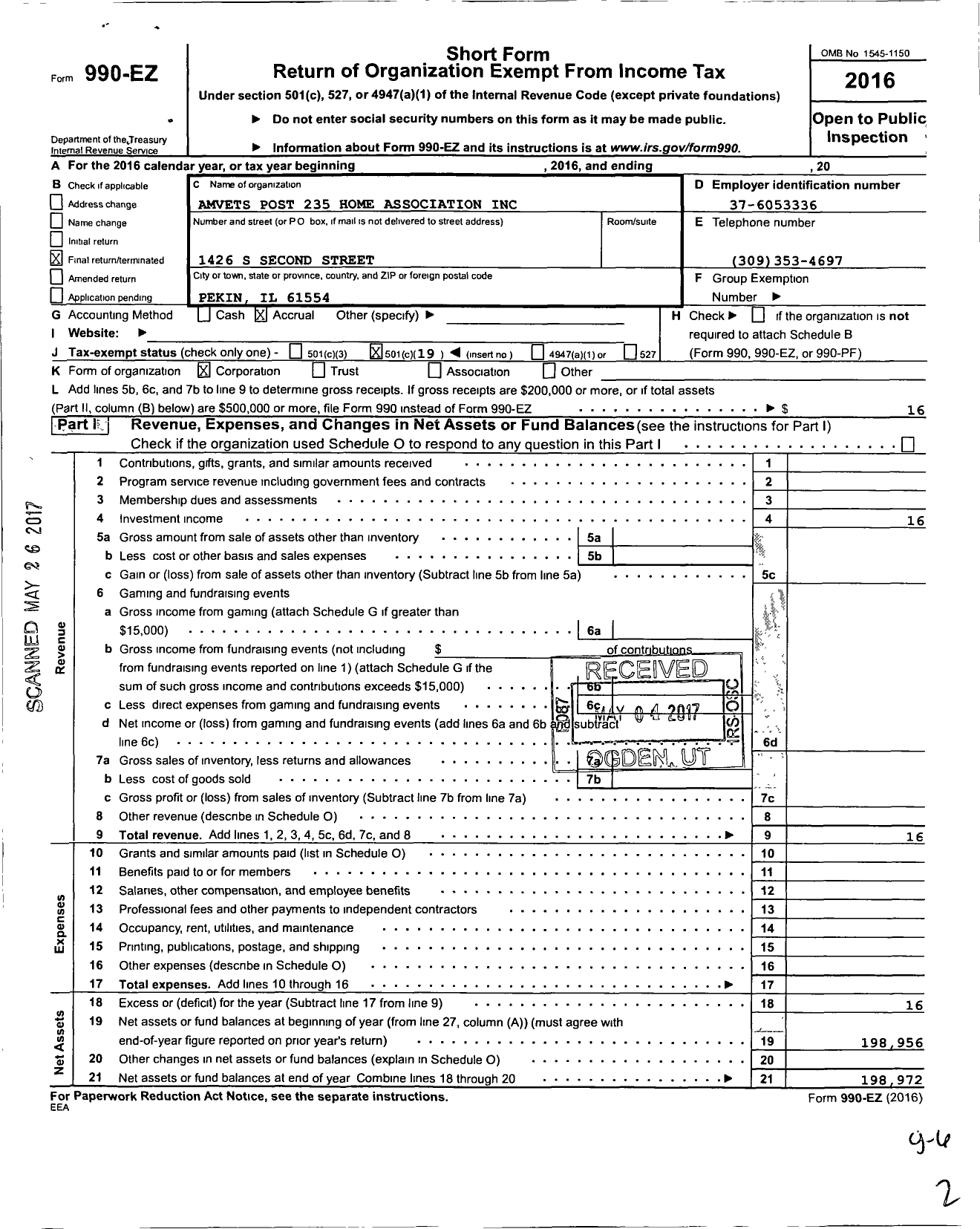 Image of first page of 2016 Form 990EO for Amvets Post 235 Home Association