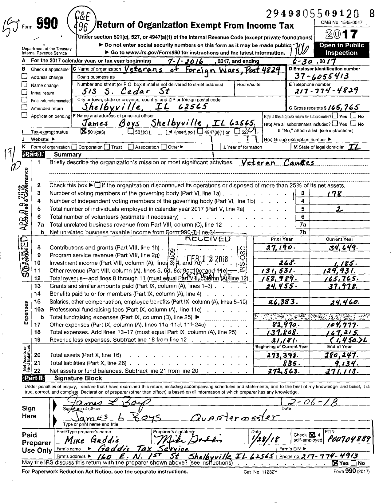Image of first page of 2016 Form 990O for VFW Dept of Illinois - 4829 Shelby County Post