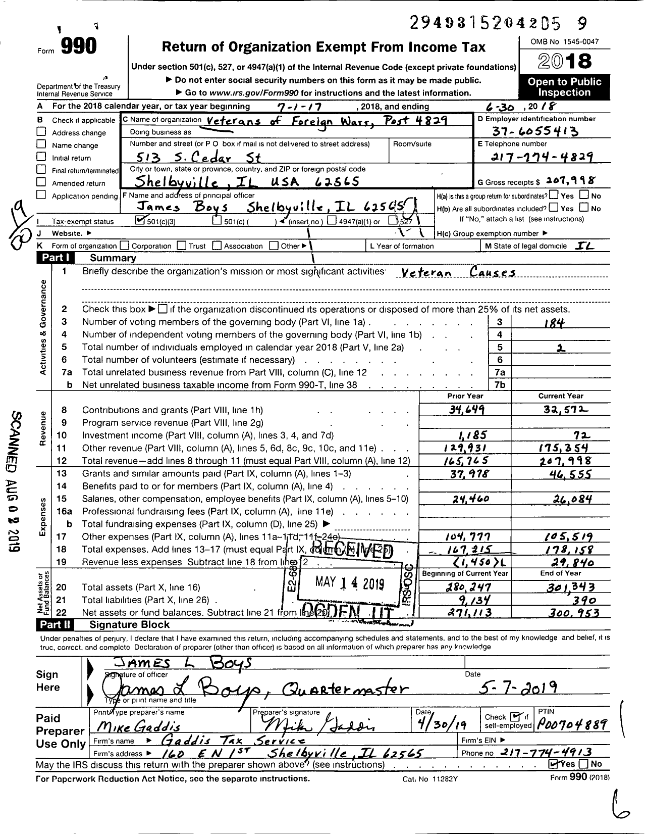 Image of first page of 2017 Form 990O for VFW Dept of Illinois - 4829 Shelby County Post