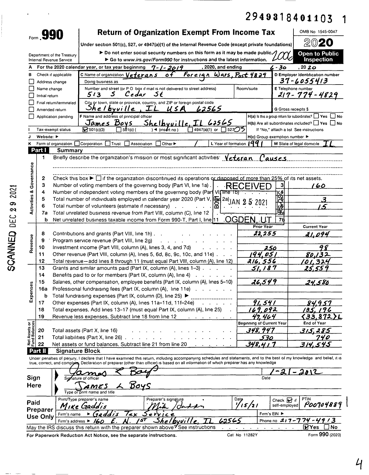 Image of first page of 2019 Form 990 for VFW Dept of Illinois - 4829 Shelby County Post