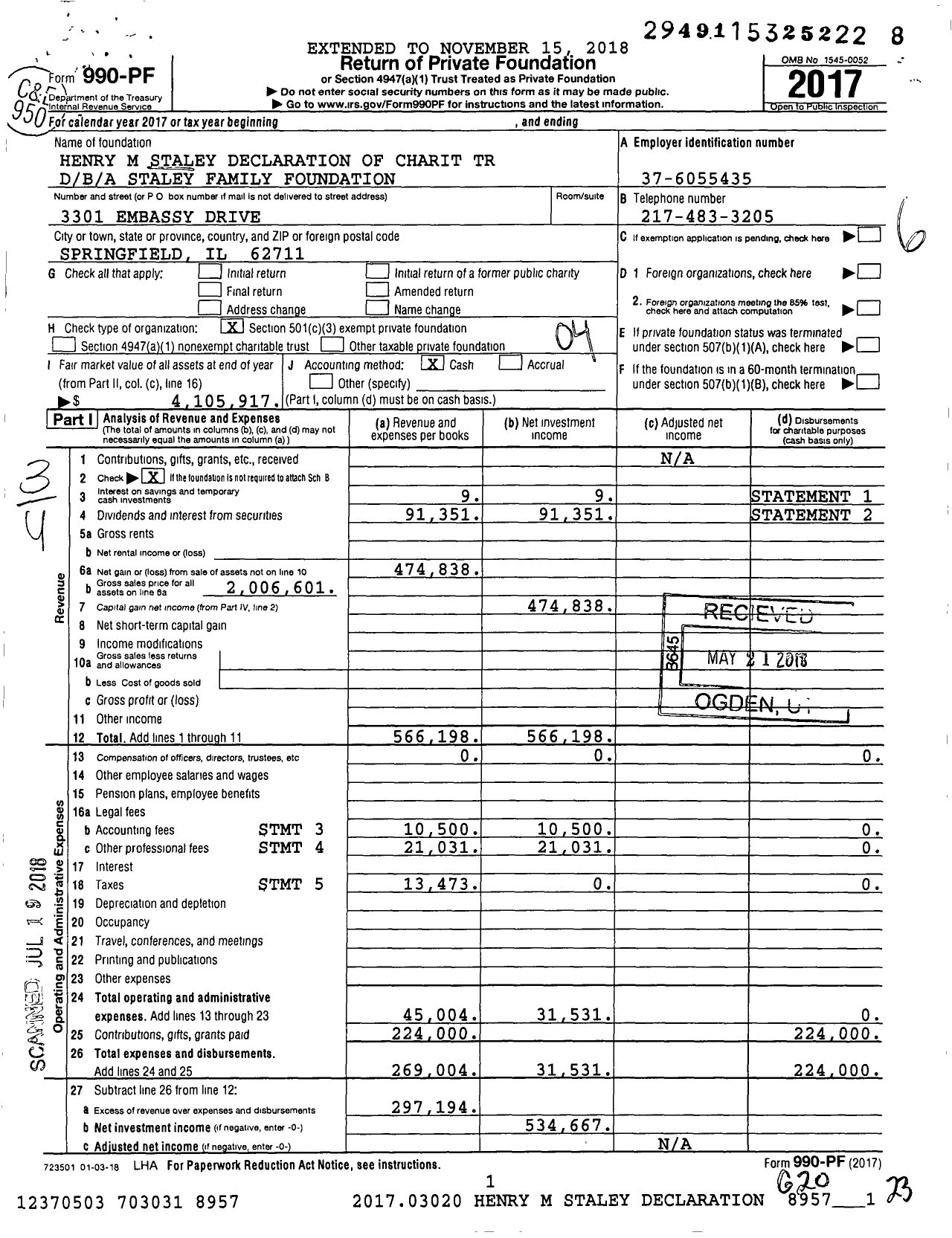 Image of first page of 2017 Form 990PF for Staley Family Foundation