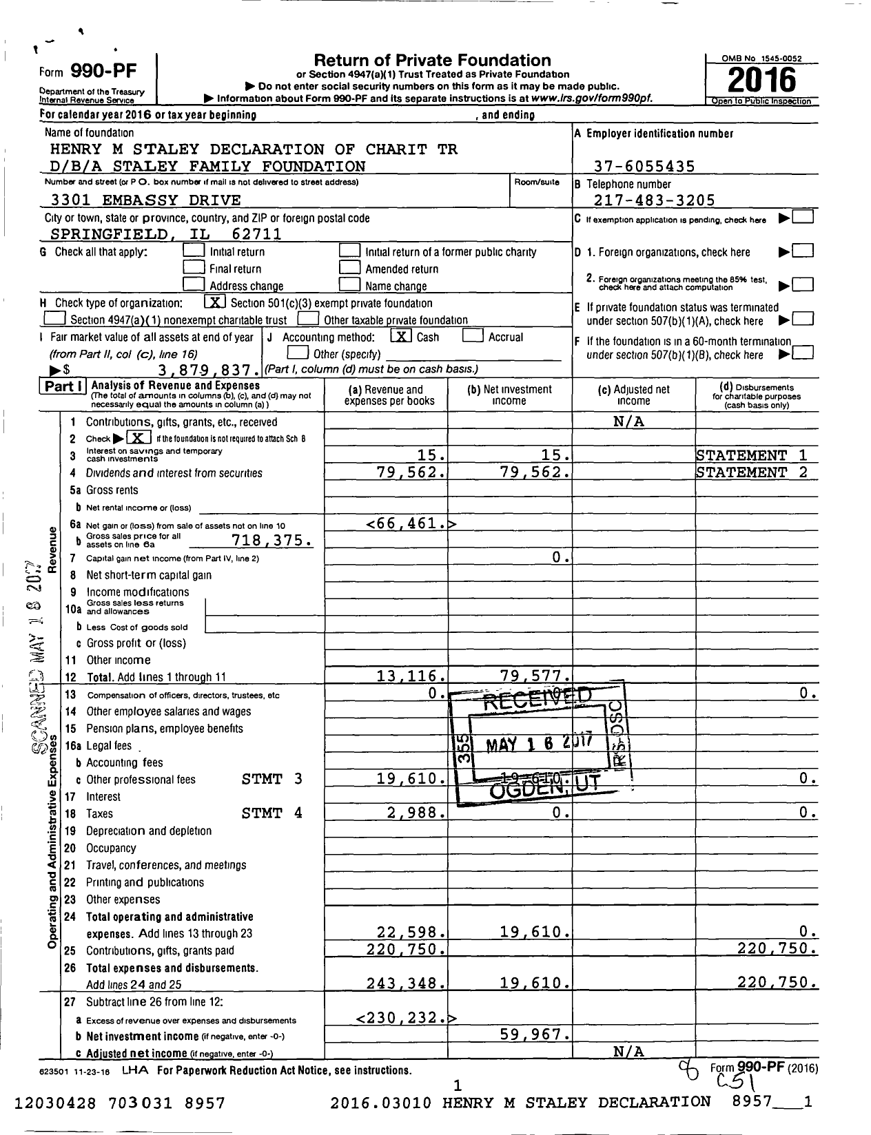 Image of first page of 2016 Form 990PF for Staley Family Foundation