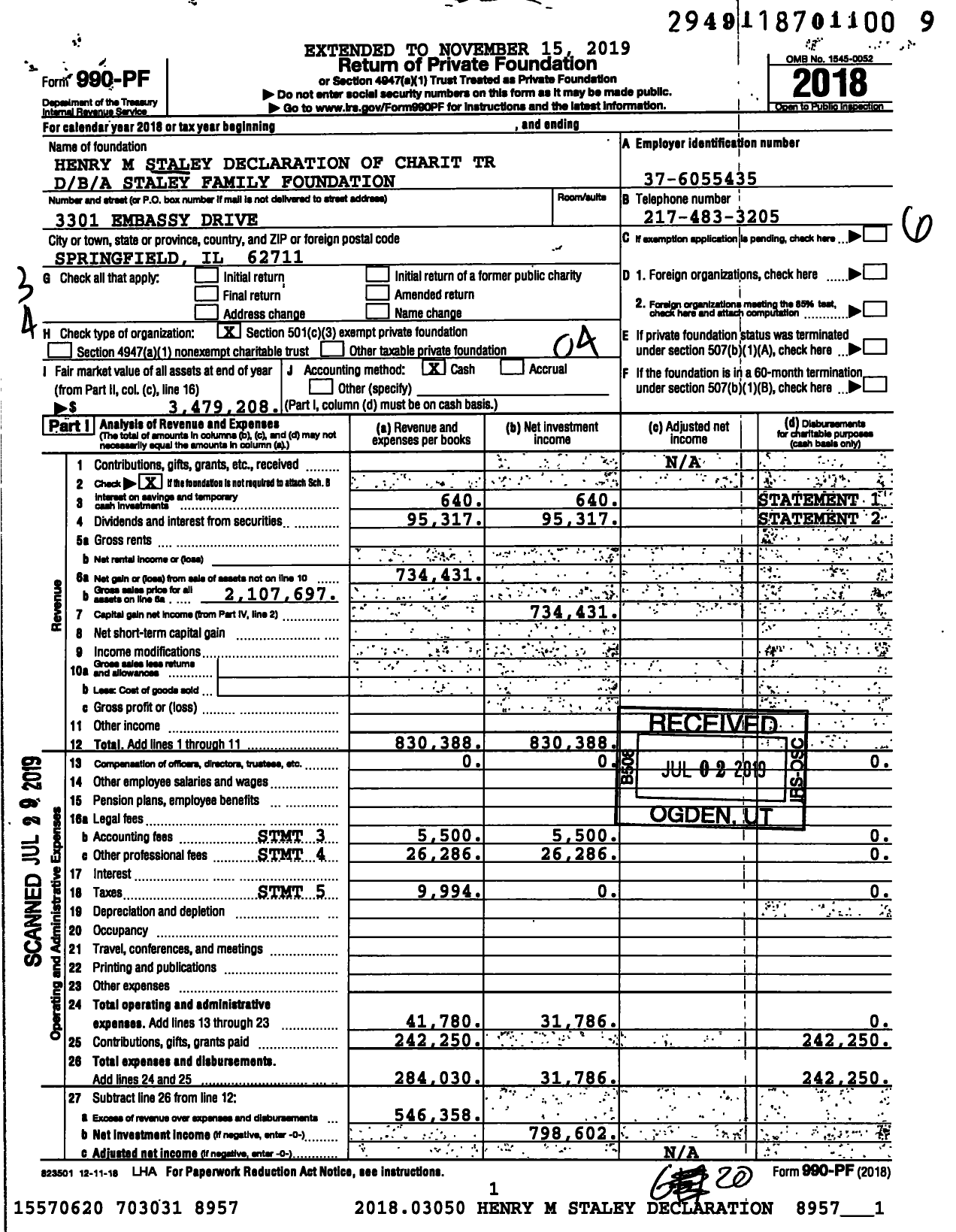 Image of first page of 2018 Form 990PF for Staley Family Foundation