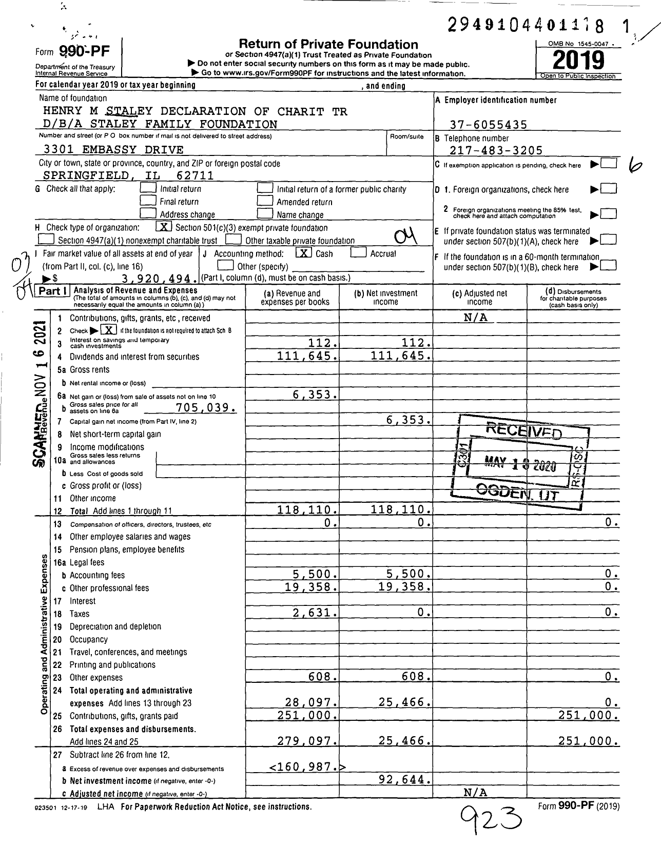 Image of first page of 2019 Form 990PF for Staley Family Foundation