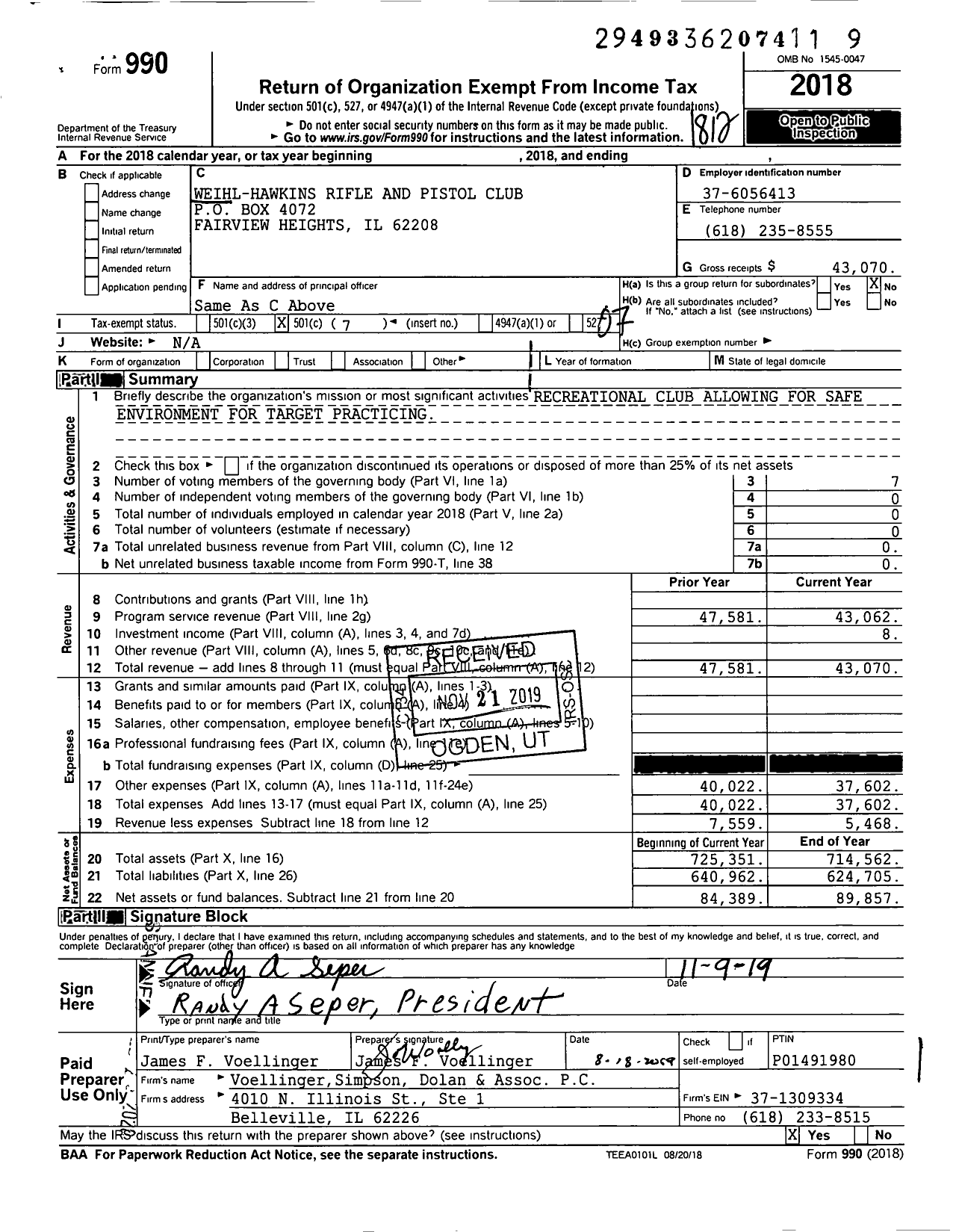 Image of first page of 2018 Form 990O for Caseyville Rifle and Pistol Club