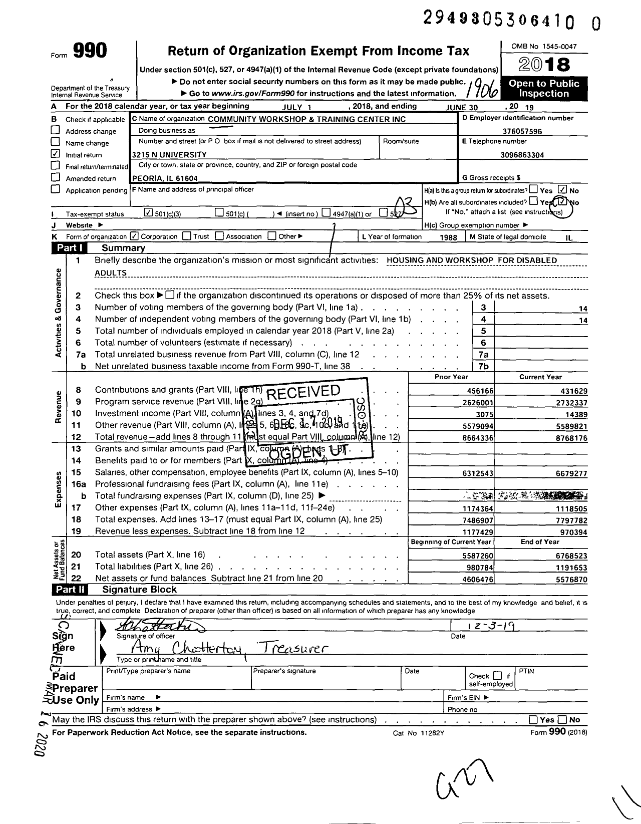 Image of first page of 2018 Form 990 for Community Workshop & Training Center (CWTC)