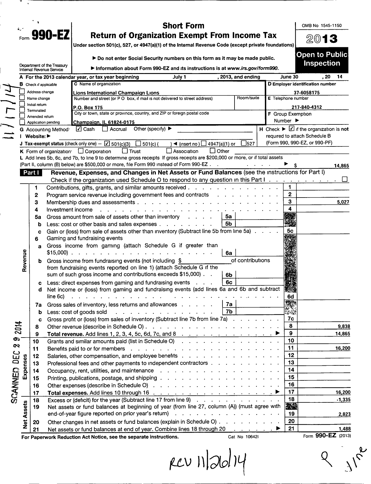 Image of first page of 2013 Form 990EZ for Lions Clubs - 293 Champaign