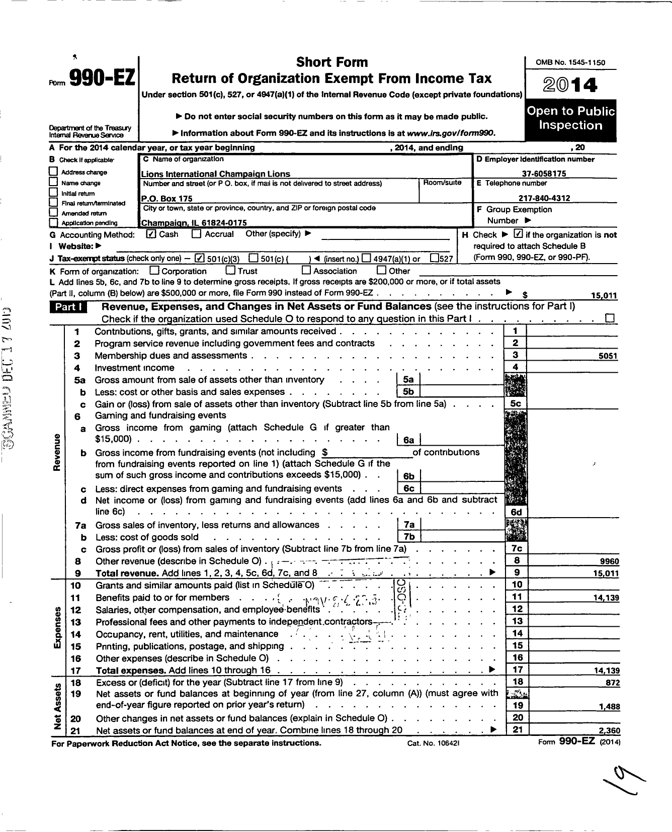 Image of first page of 2014 Form 990EZ for Lions Clubs - 293 Champaign