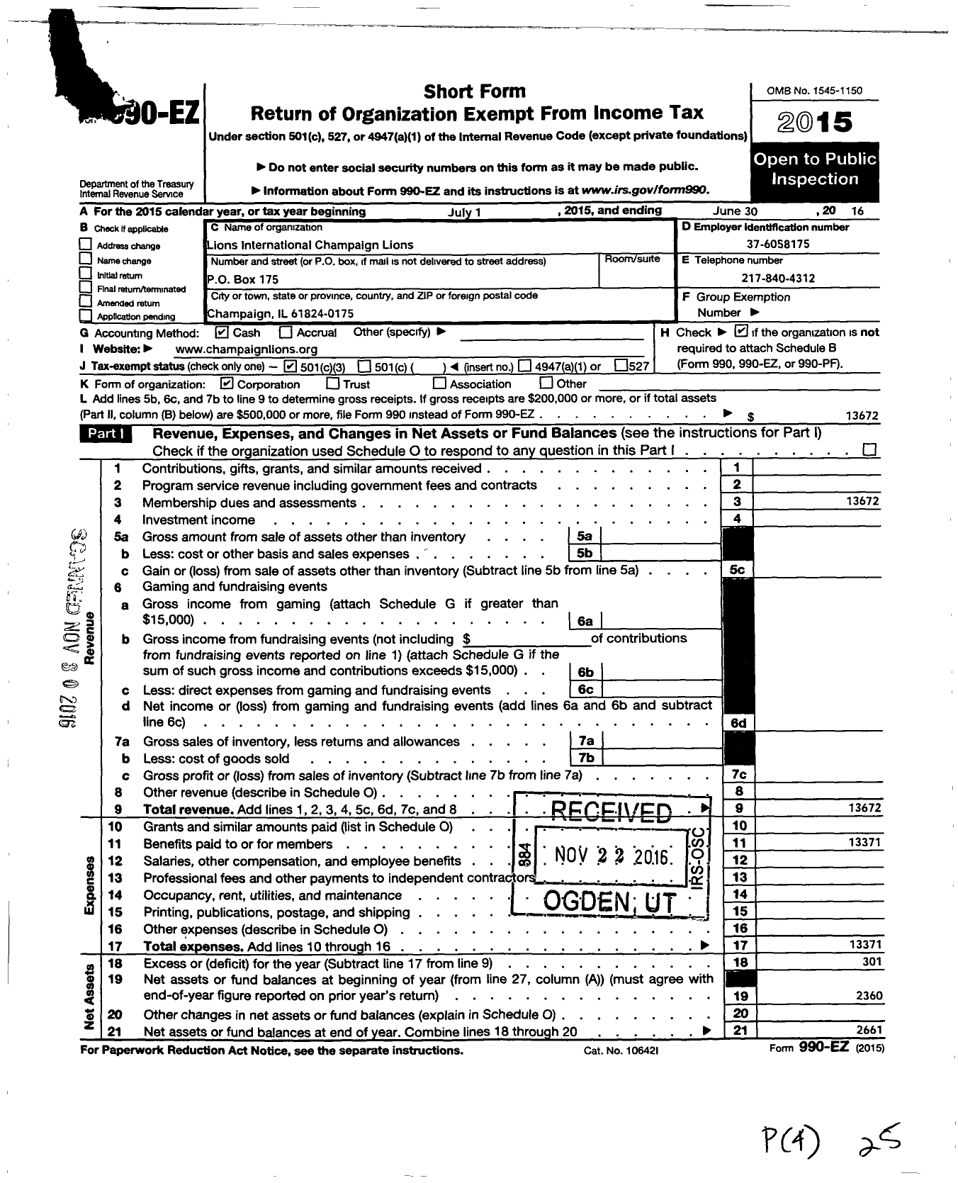 Image of first page of 2015 Form 990EZ for Lions Clubs - 293 Champaign