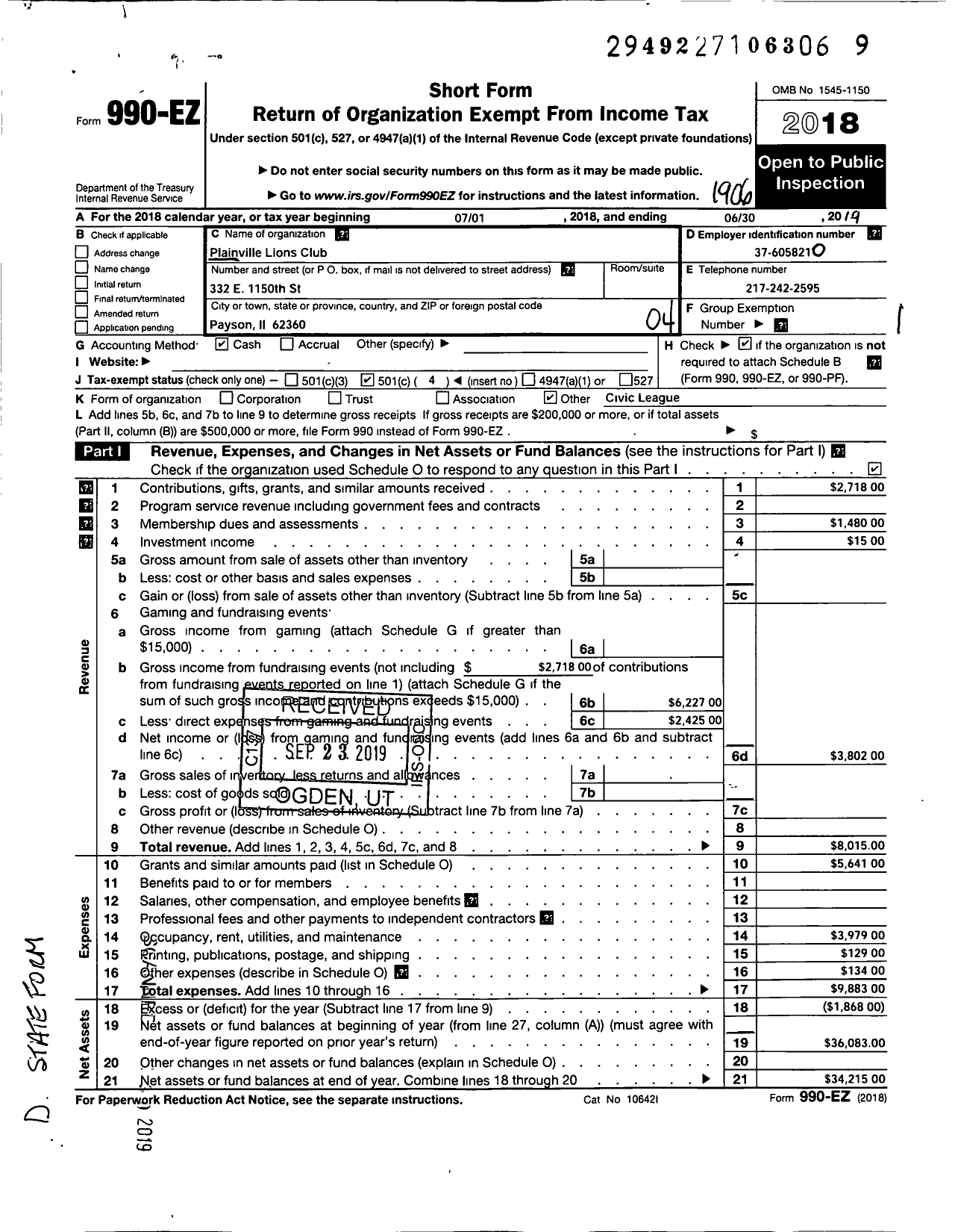 Image of first page of 2018 Form 990EO for Lions Clubs - 441 Plainville