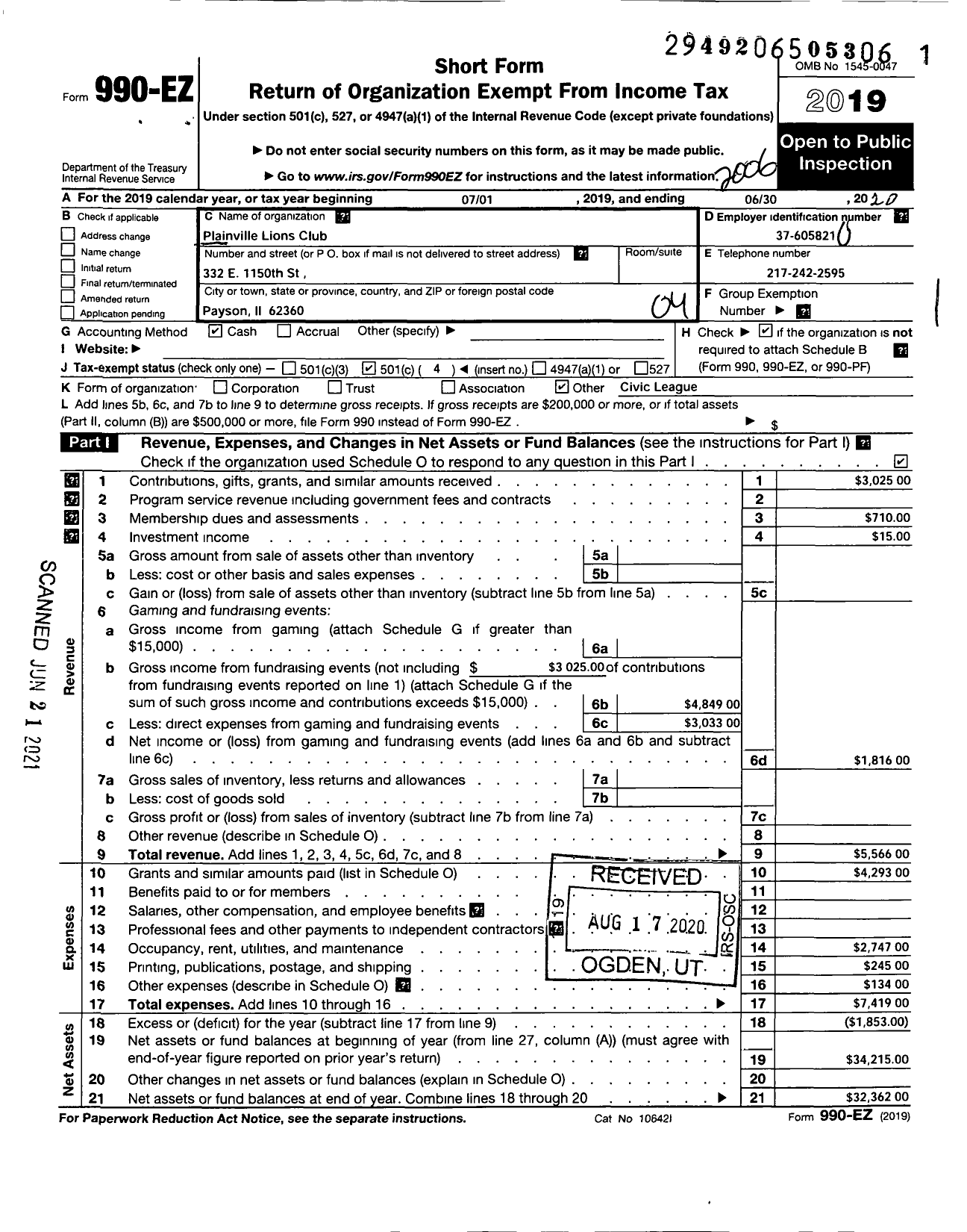 Image of first page of 2019 Form 990EO for Lions Clubs - 441 Plainville