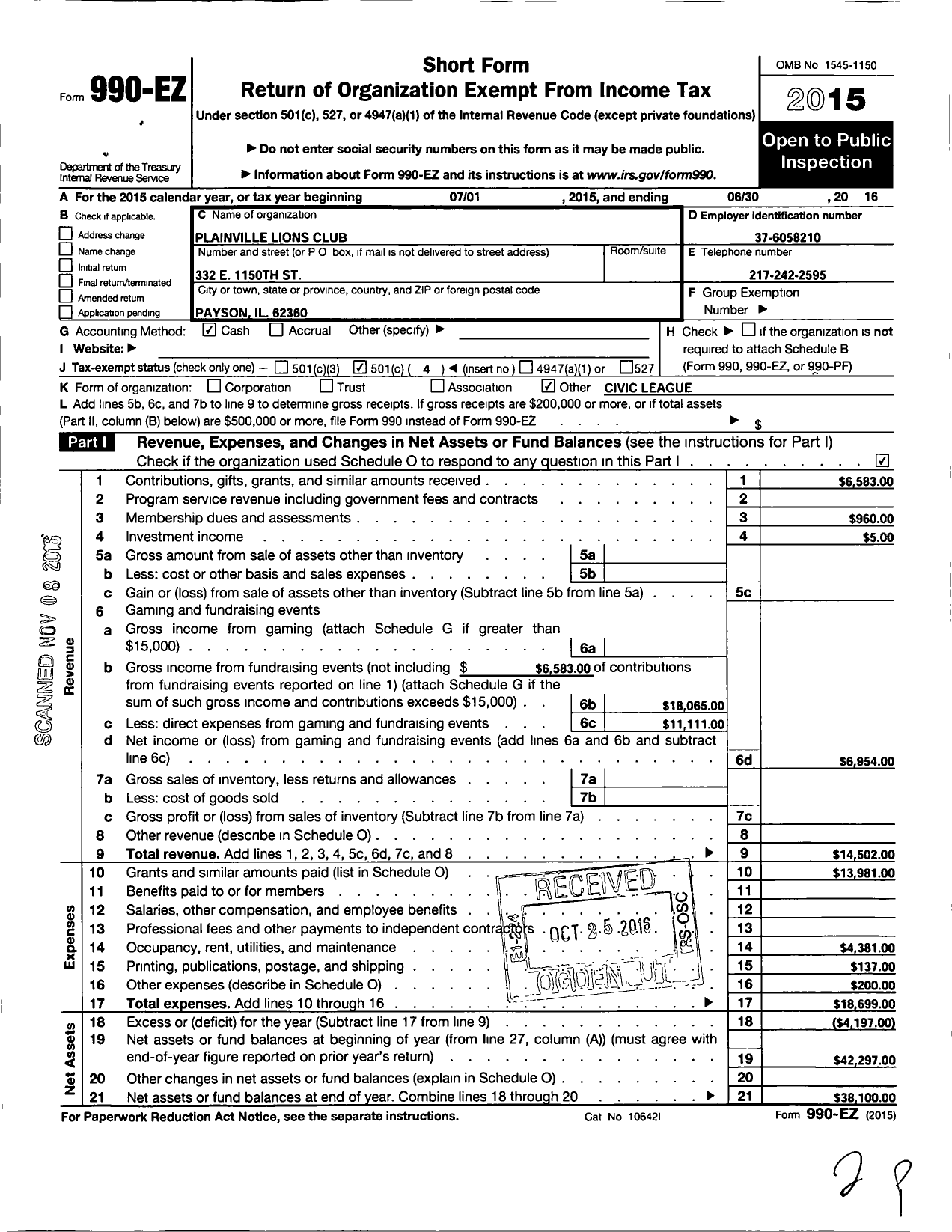 Image of first page of 2015 Form 990EO for Lions Clubs - 441 Plainville