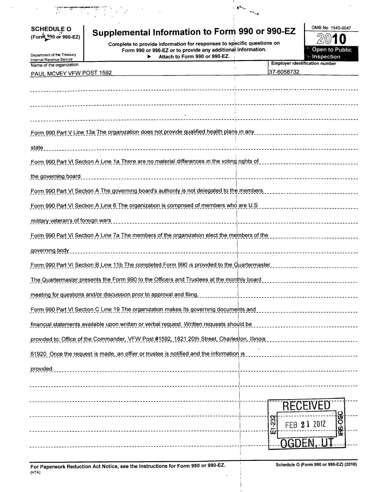 Image of first page of 2010 Form 990OR for VFW Dept of Illinois - VFW Post 1592