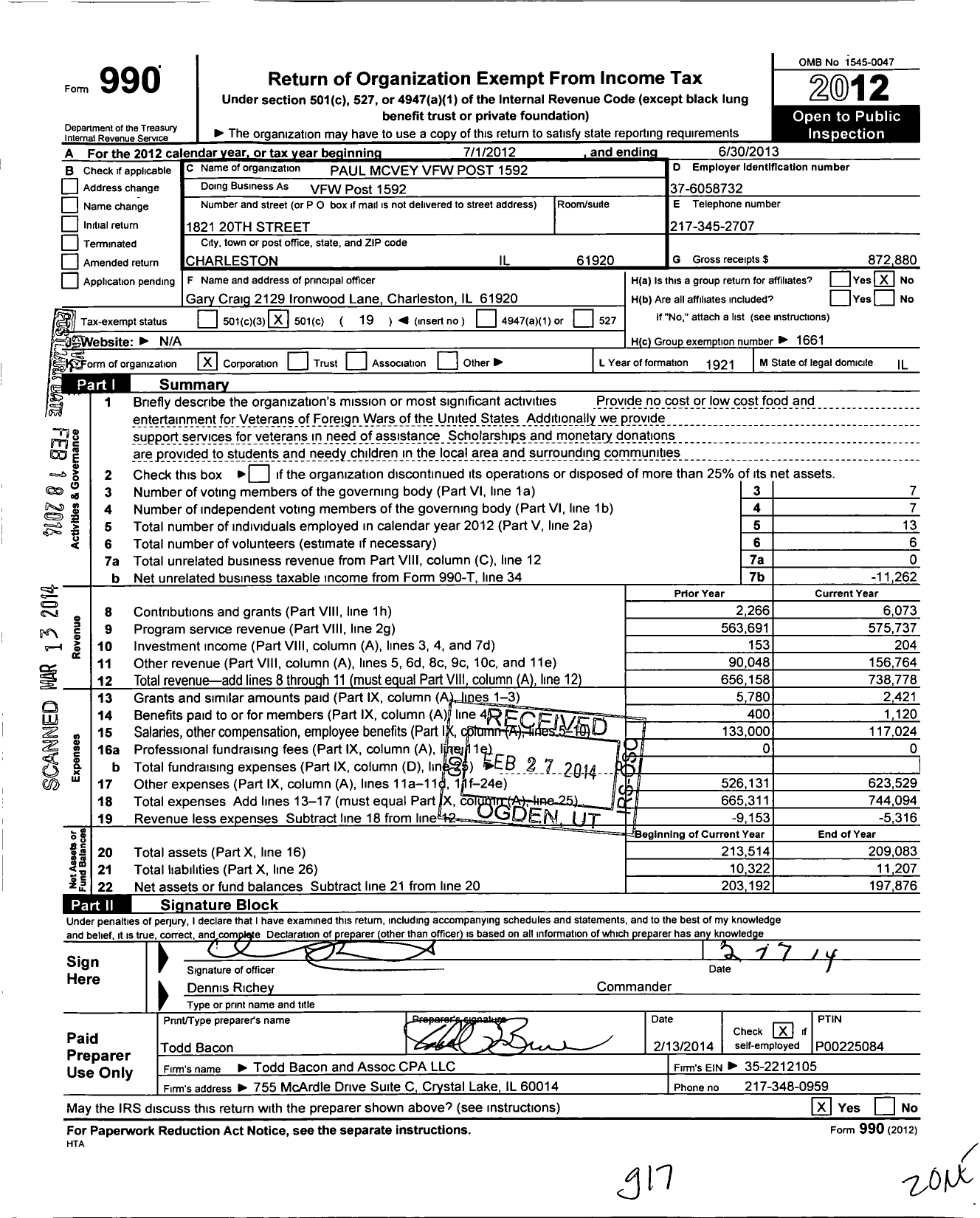 Image of first page of 2012 Form 990O for VFW Dept of Illinois - VFW Post 1592
