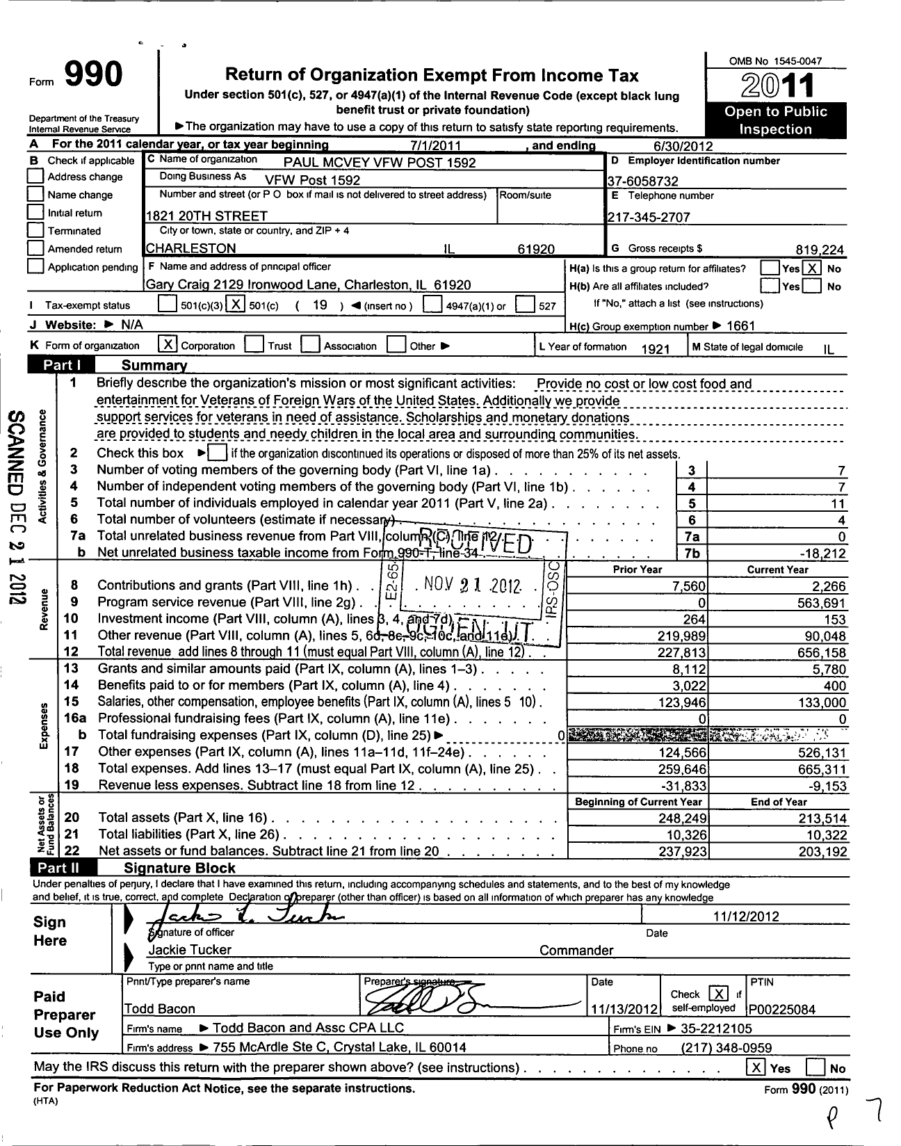 Image of first page of 2011 Form 990O for VFW Dept of Illinois - VFW Post 1592