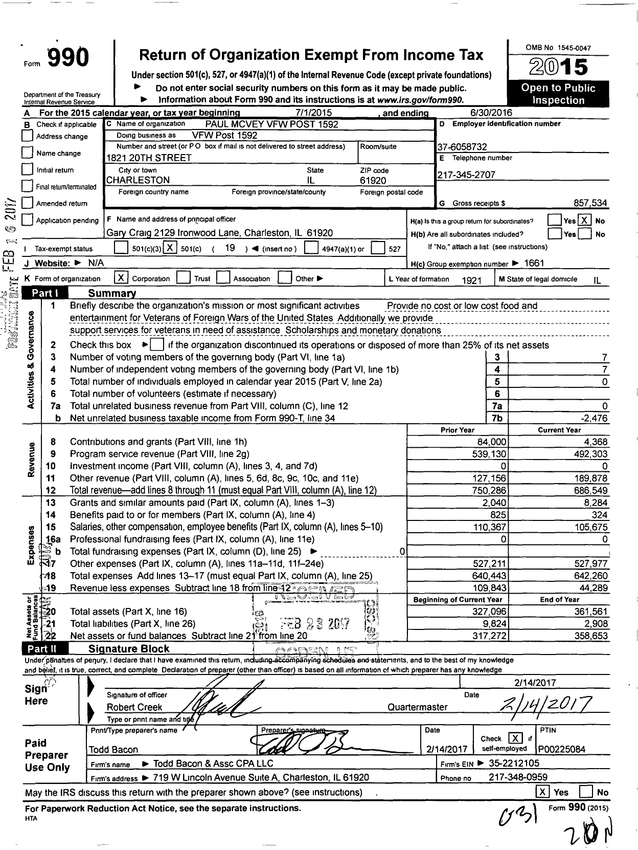 Image of first page of 2015 Form 990O for VFW Dept of Illinois - VFW Post 1592