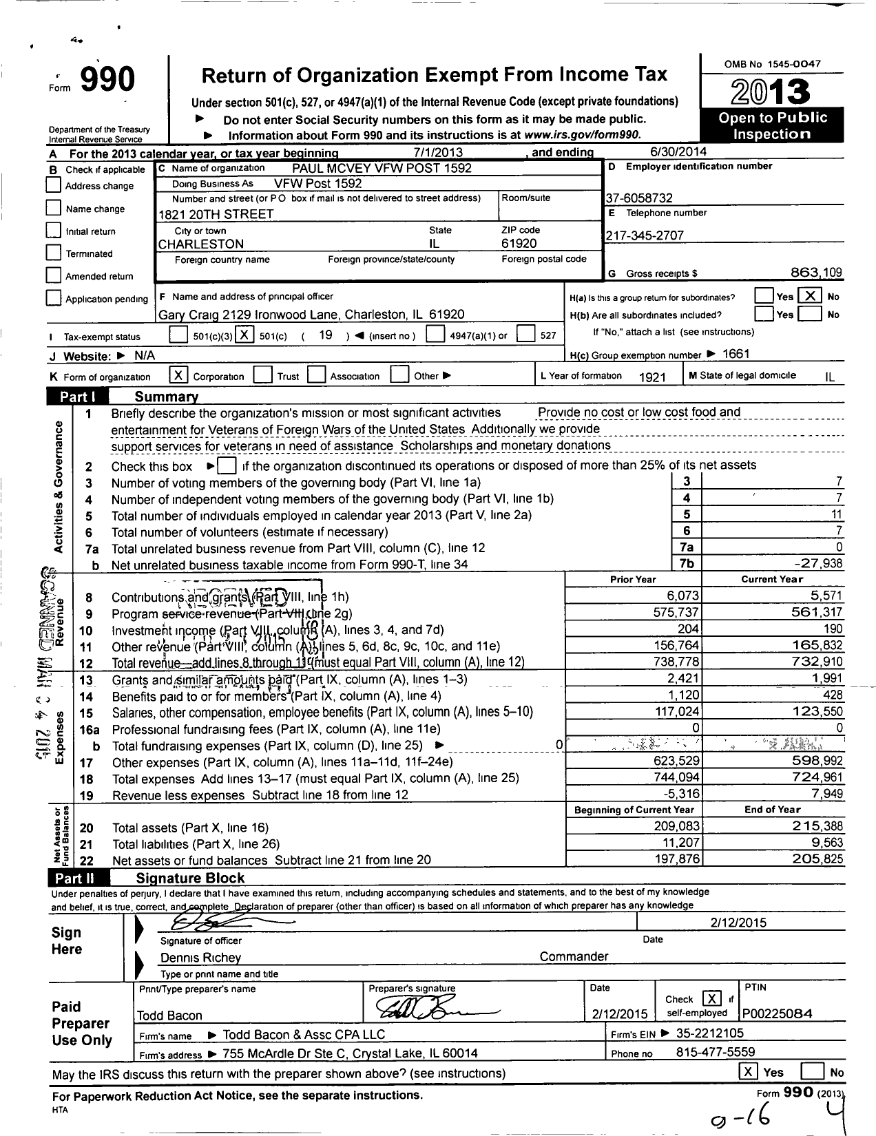 Image of first page of 2013 Form 990O for VFW Dept of Illinois - VFW Post 1592