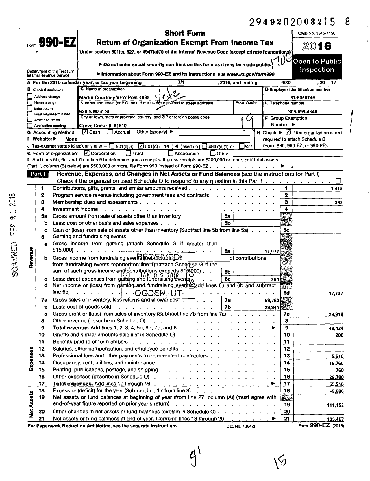 Image of first page of 2016 Form 990EO for VFW Dept of Illinois - 4835 Martin Courtney Post