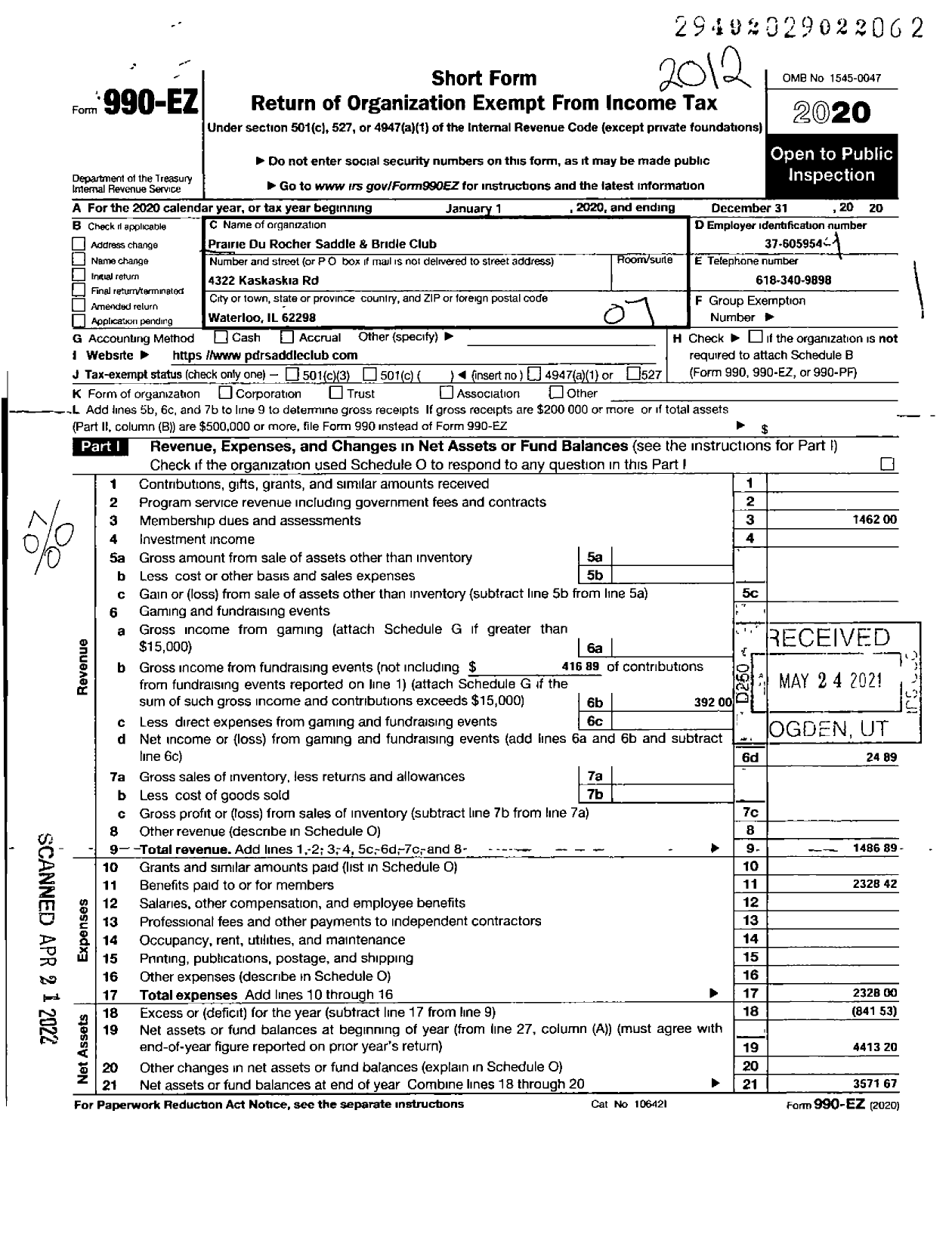 Image of first page of 2020 Form 990EO for Prairie Du Rocher Saddle and Bridle Club