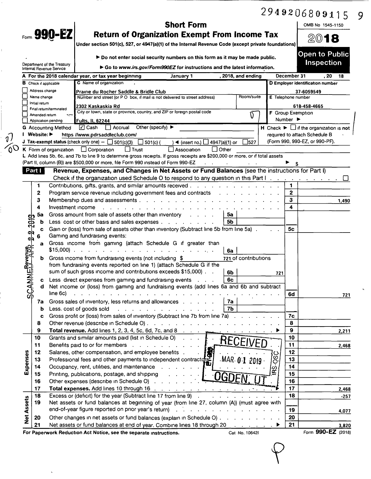 Image of first page of 2018 Form 990EO for Prairie Du Rocher Saddle and Bridle Club