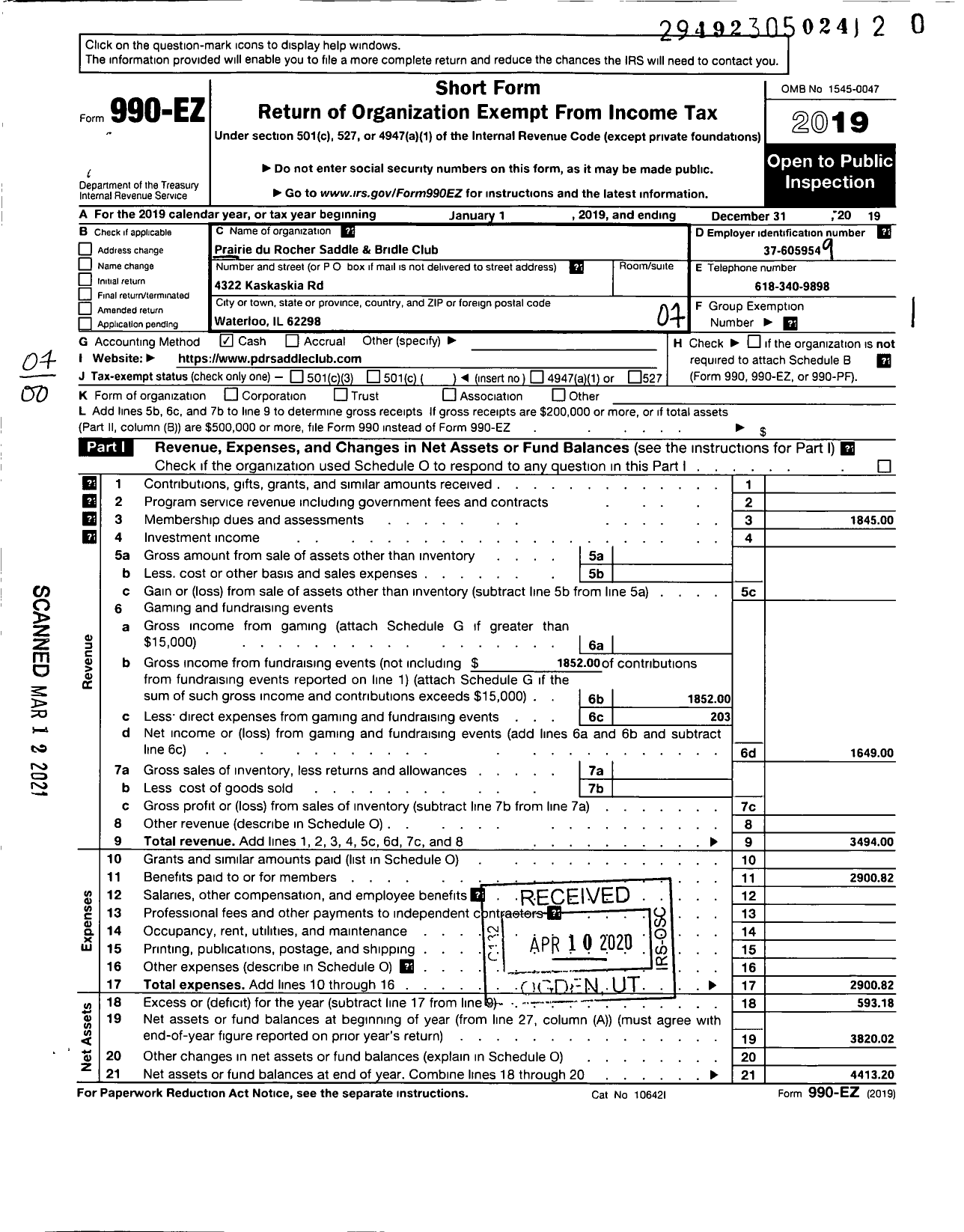 Image of first page of 2019 Form 990EO for Prairie Du Rocher Saddle and Bridle Club