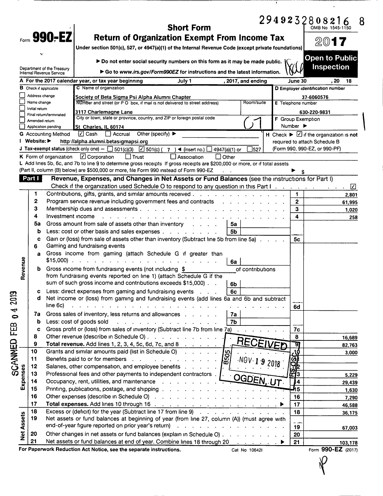 Image of first page of 2017 Form 990EO for Society of Beta Sigma Psi Alpha Alumni Chapter