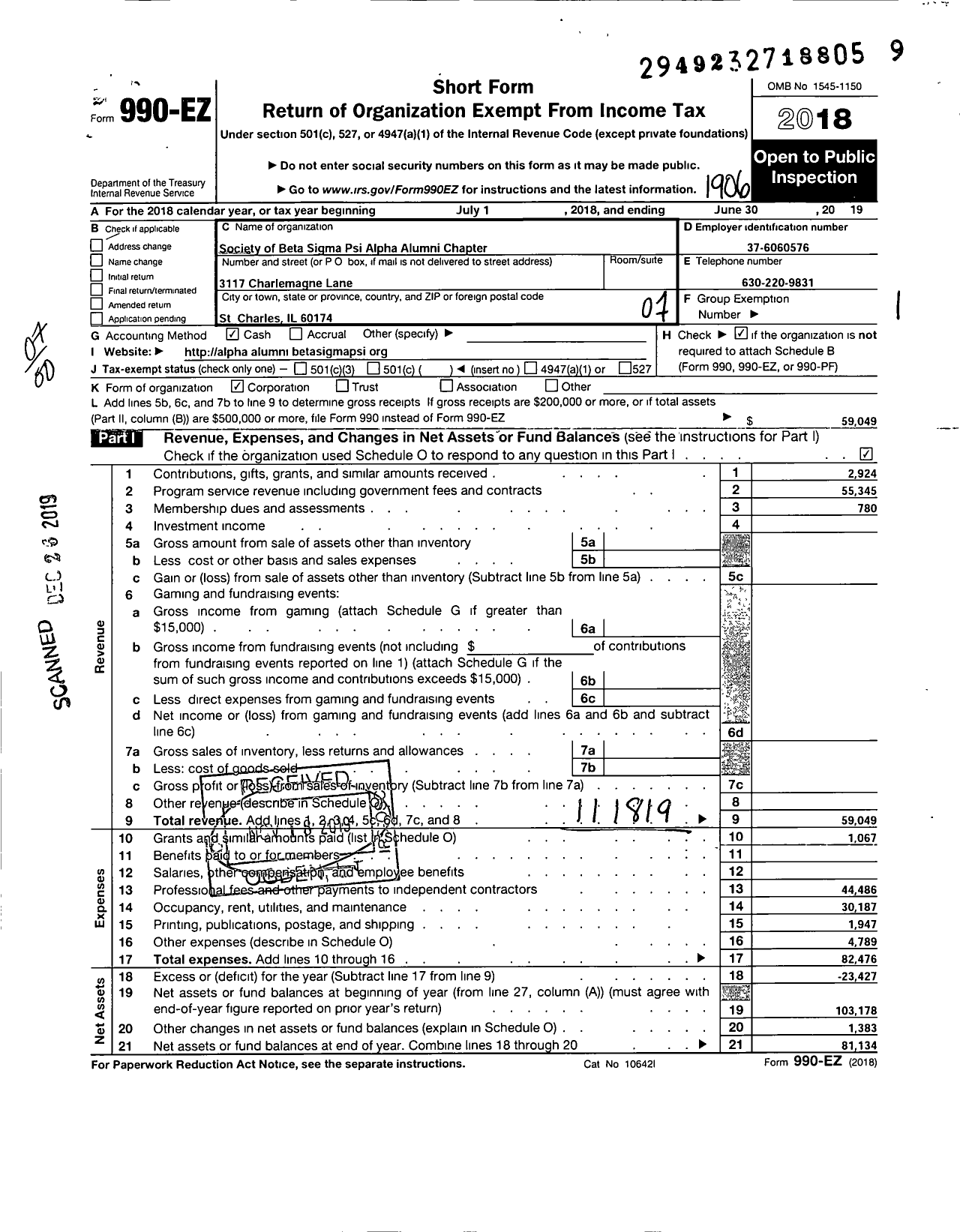 Image of first page of 2018 Form 990EO for Society of Beta Sigma Psi Alpha Alumni Chapter