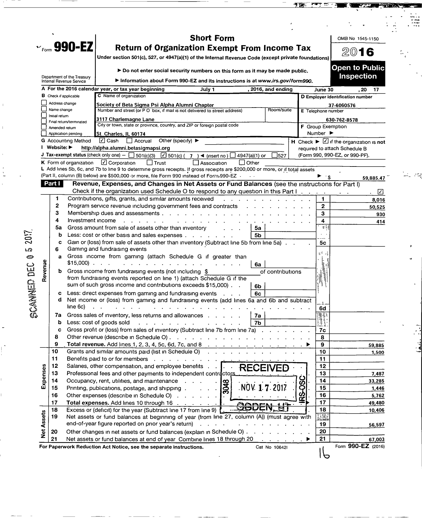 Image of first page of 2016 Form 990EO for Society of Beta Sigma Psi Alpha Alumni Chapter