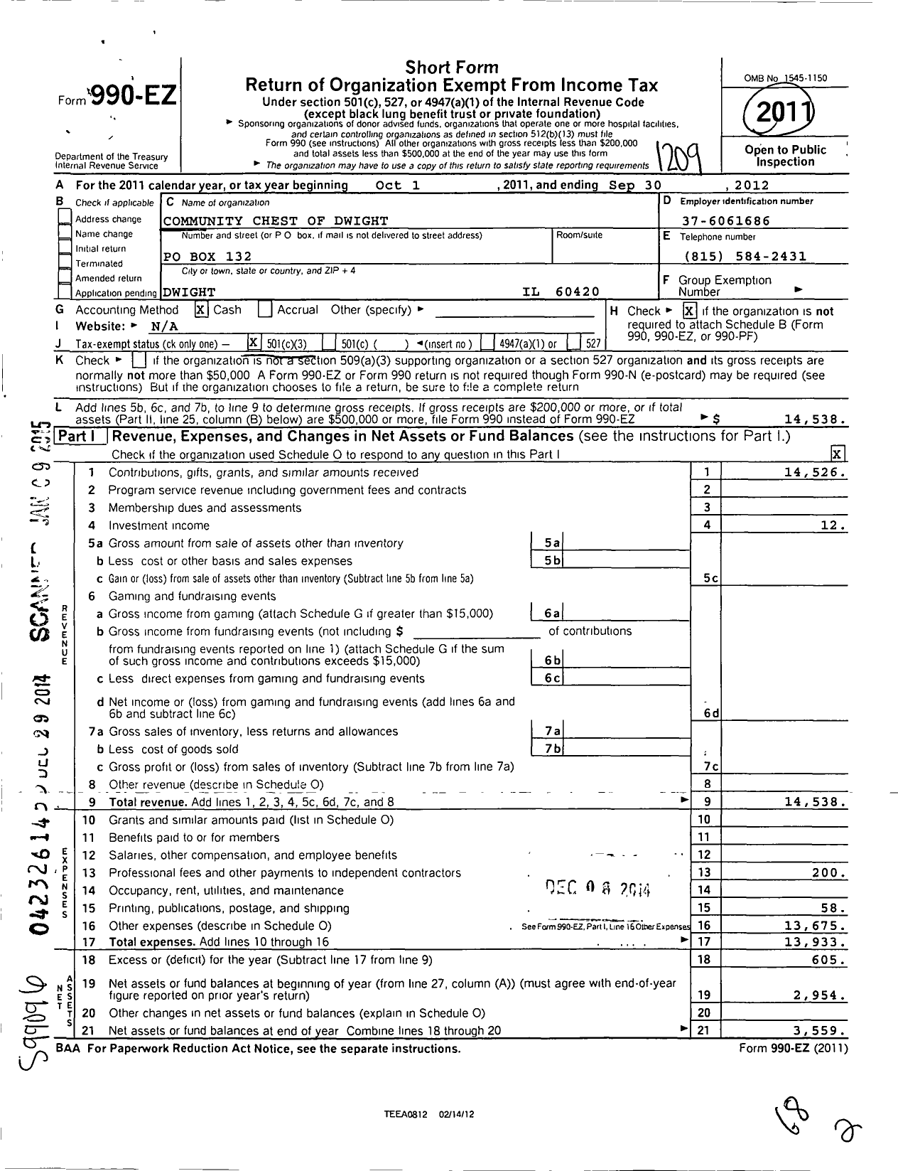 Image of first page of 2011 Form 990EZ for Community Chest of Dwight