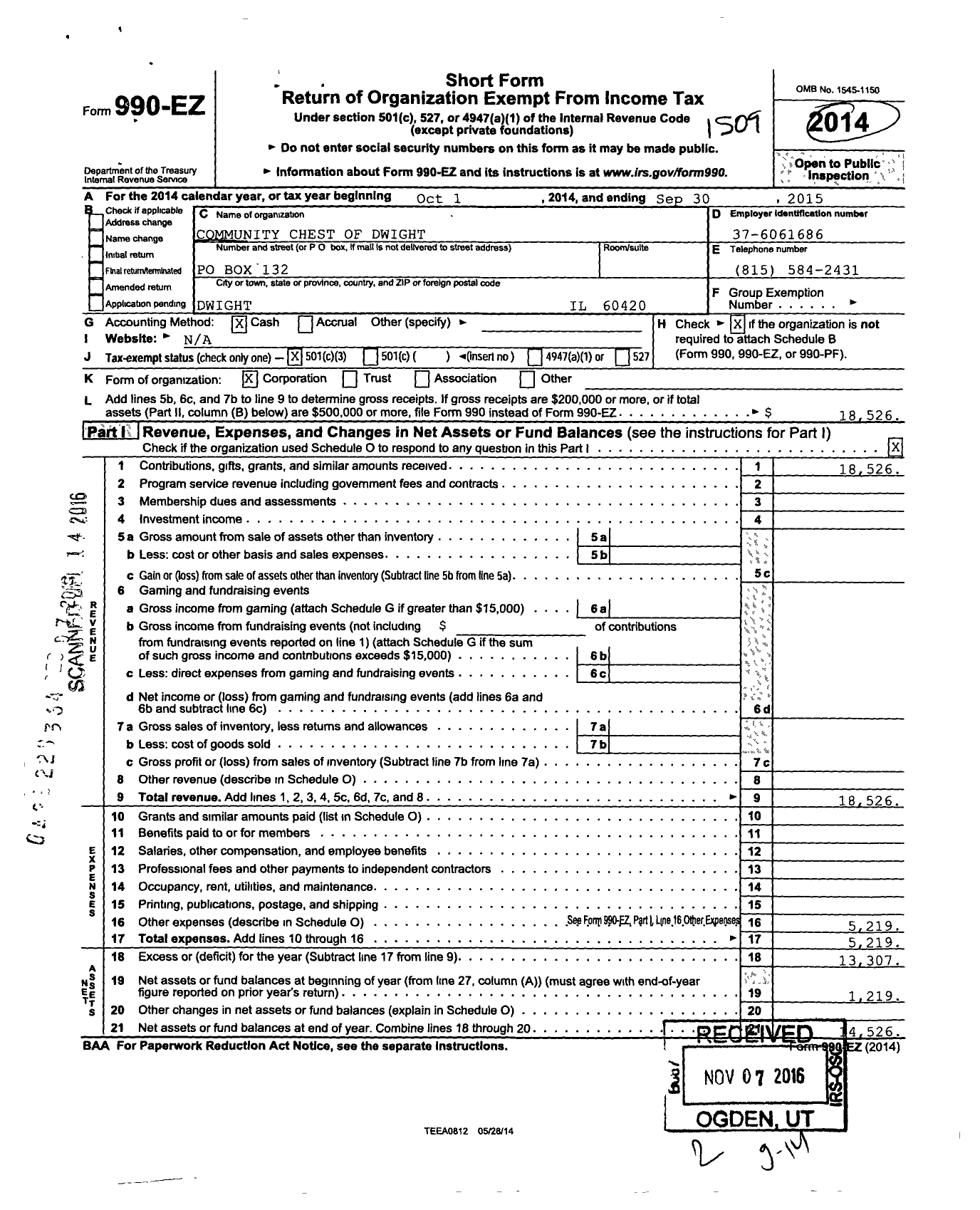 Image of first page of 2014 Form 990EZ for Community Chest of Dwight