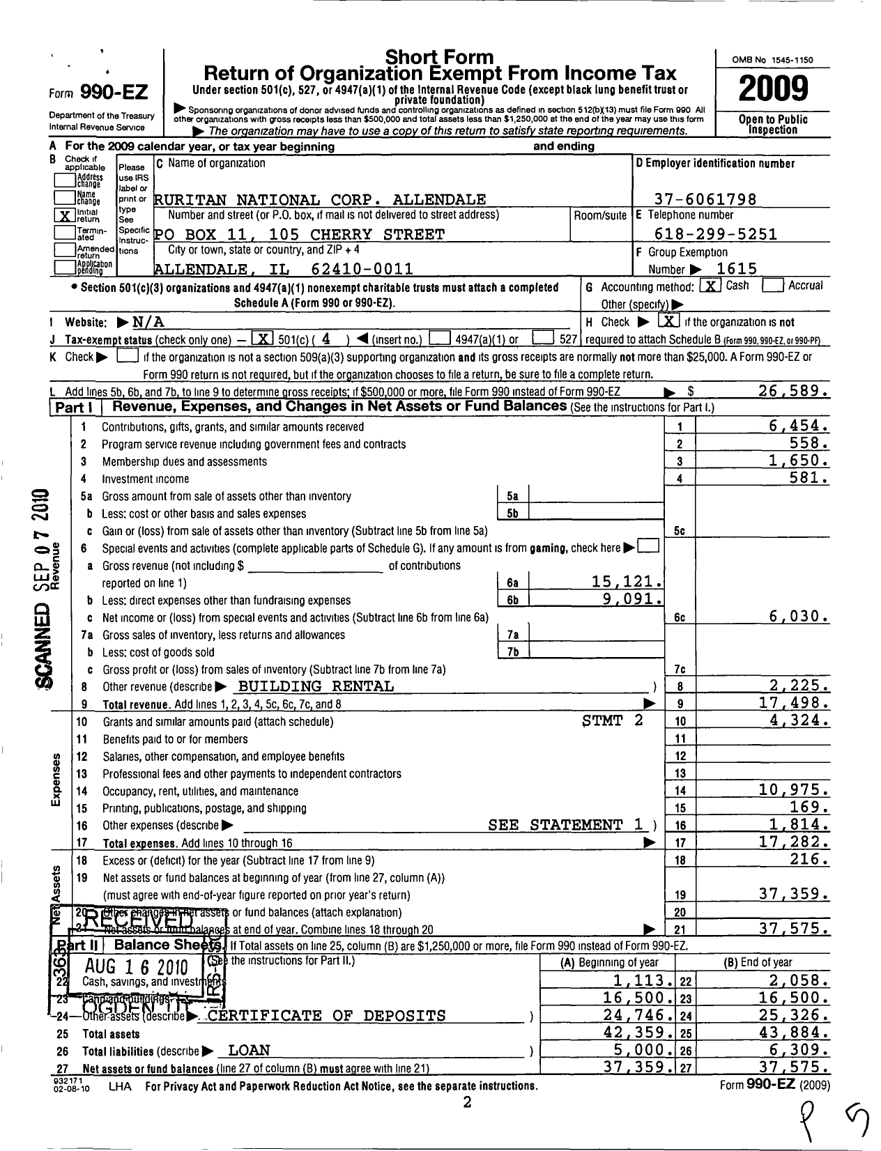 Image of first page of 2009 Form 990EO for Ruritan - Allendale