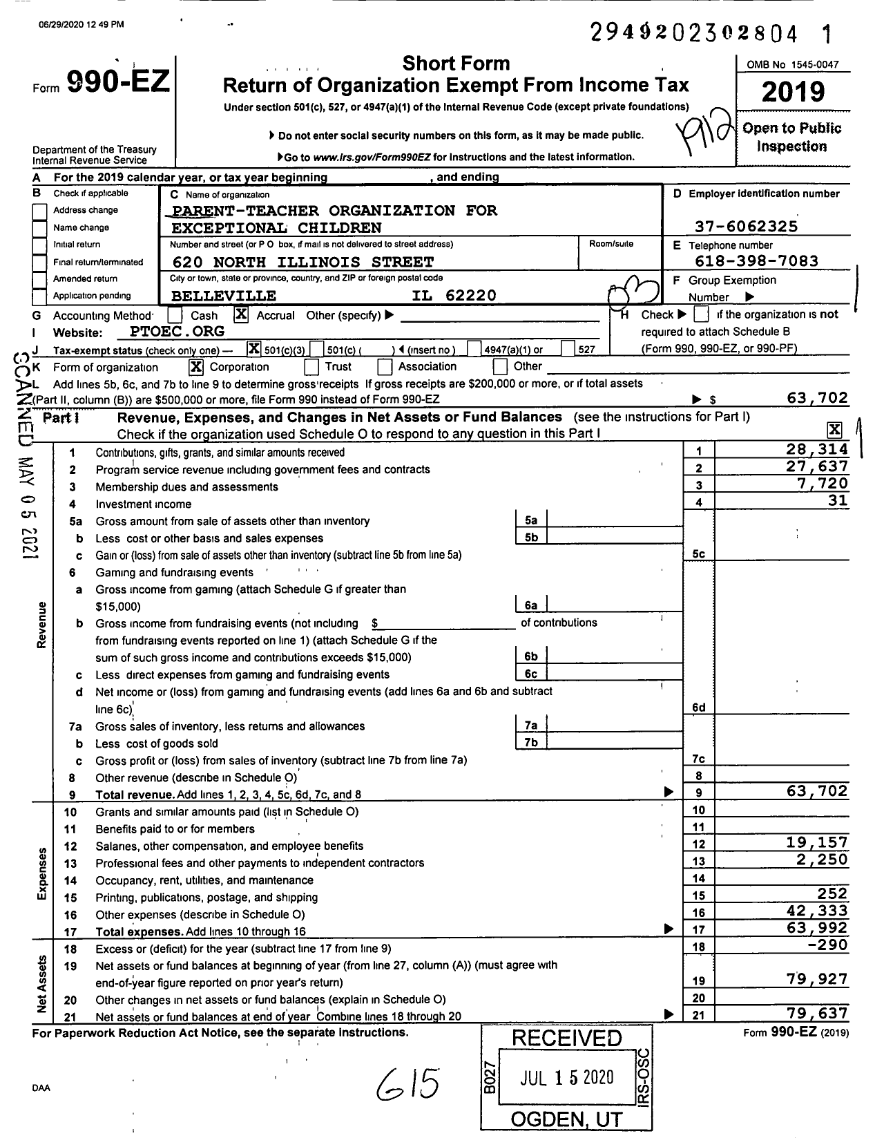 Image of first page of 2019 Form 990EZ for Parent-Teacher organization FOR EXCEPTIONAL CHILDREN