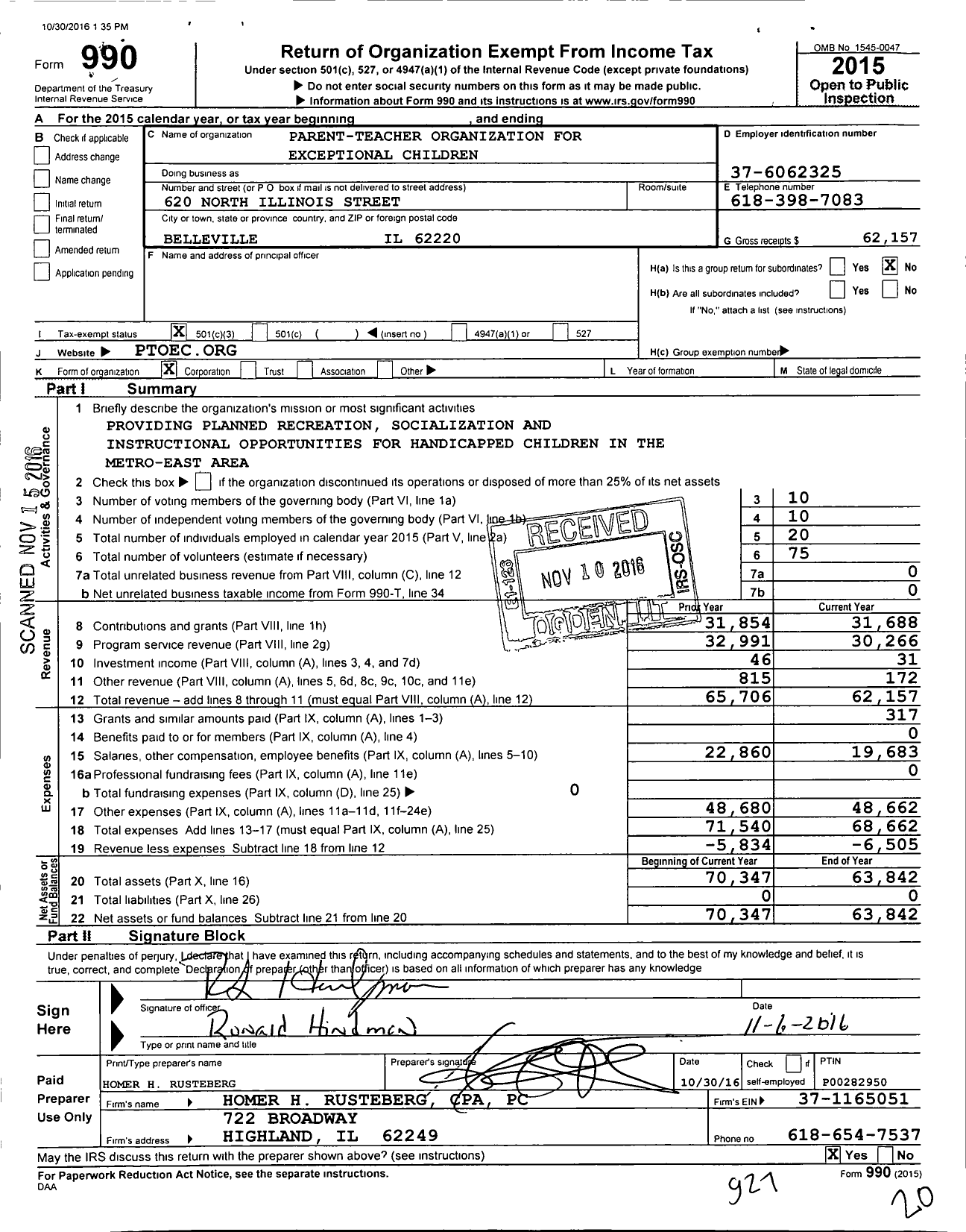 Image of first page of 2015 Form 990 for Parent-Teacher organization FOR EXCEPTIONAL CHILDREN