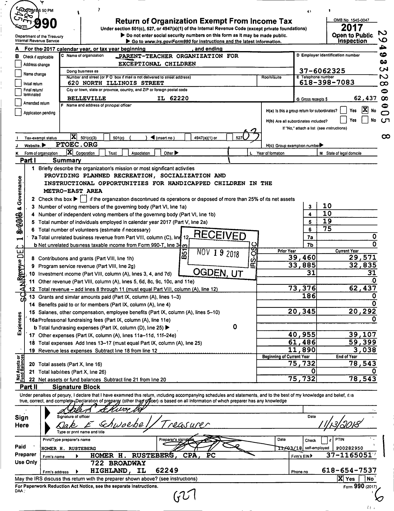 Image of first page of 2017 Form 990 for Parent-Teacher organization FOR EXCEPTIONAL CHILDREN