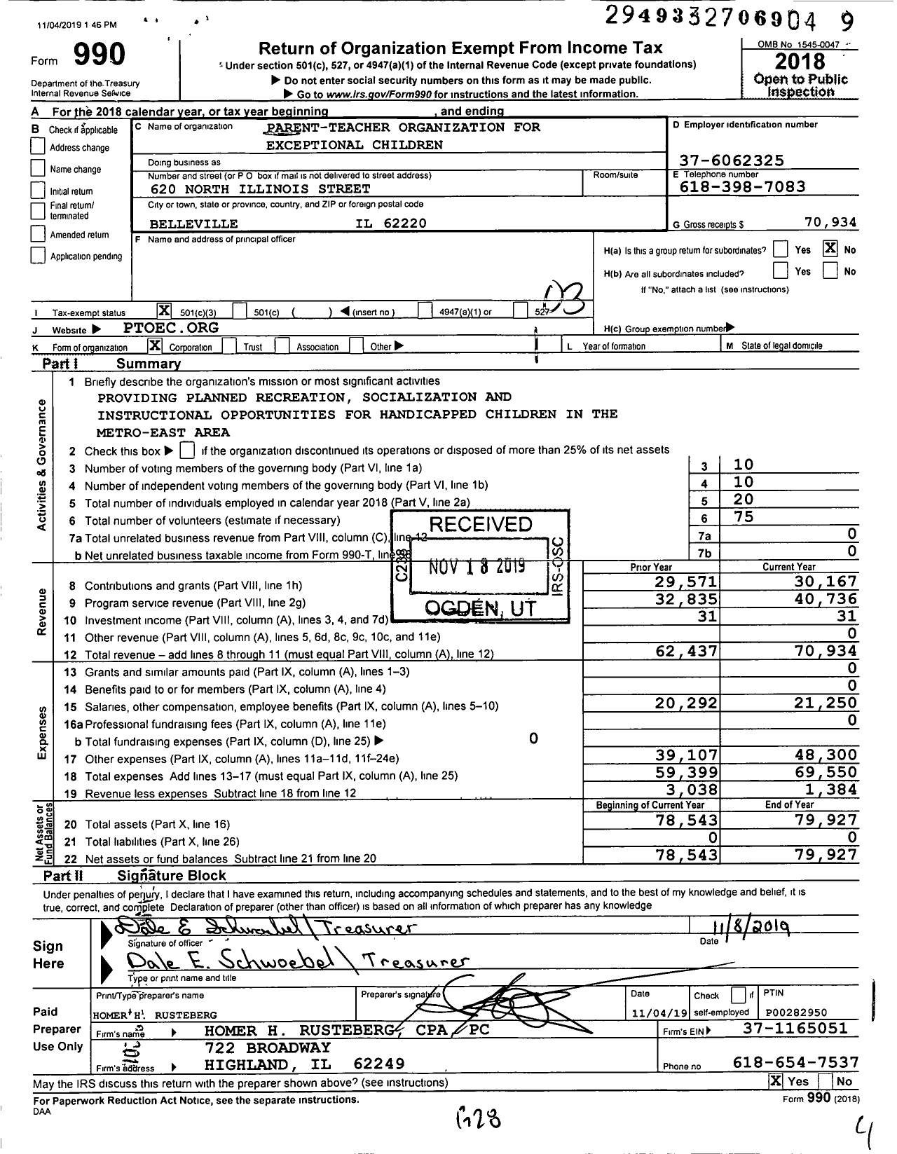 Image of first page of 2018 Form 990 for Parent-Teacher organization FOR EXCEPTIONAL CHILDREN