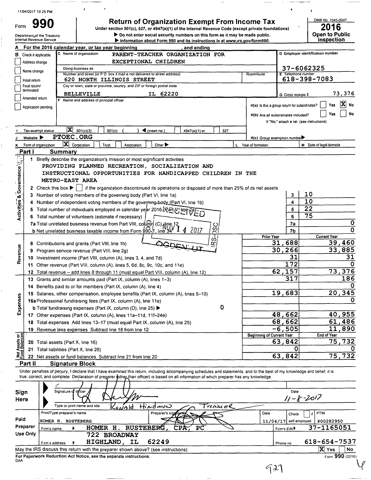 Image of first page of 2016 Form 990 for Parent-Teacher organization FOR EXCEPTIONAL CHILDREN