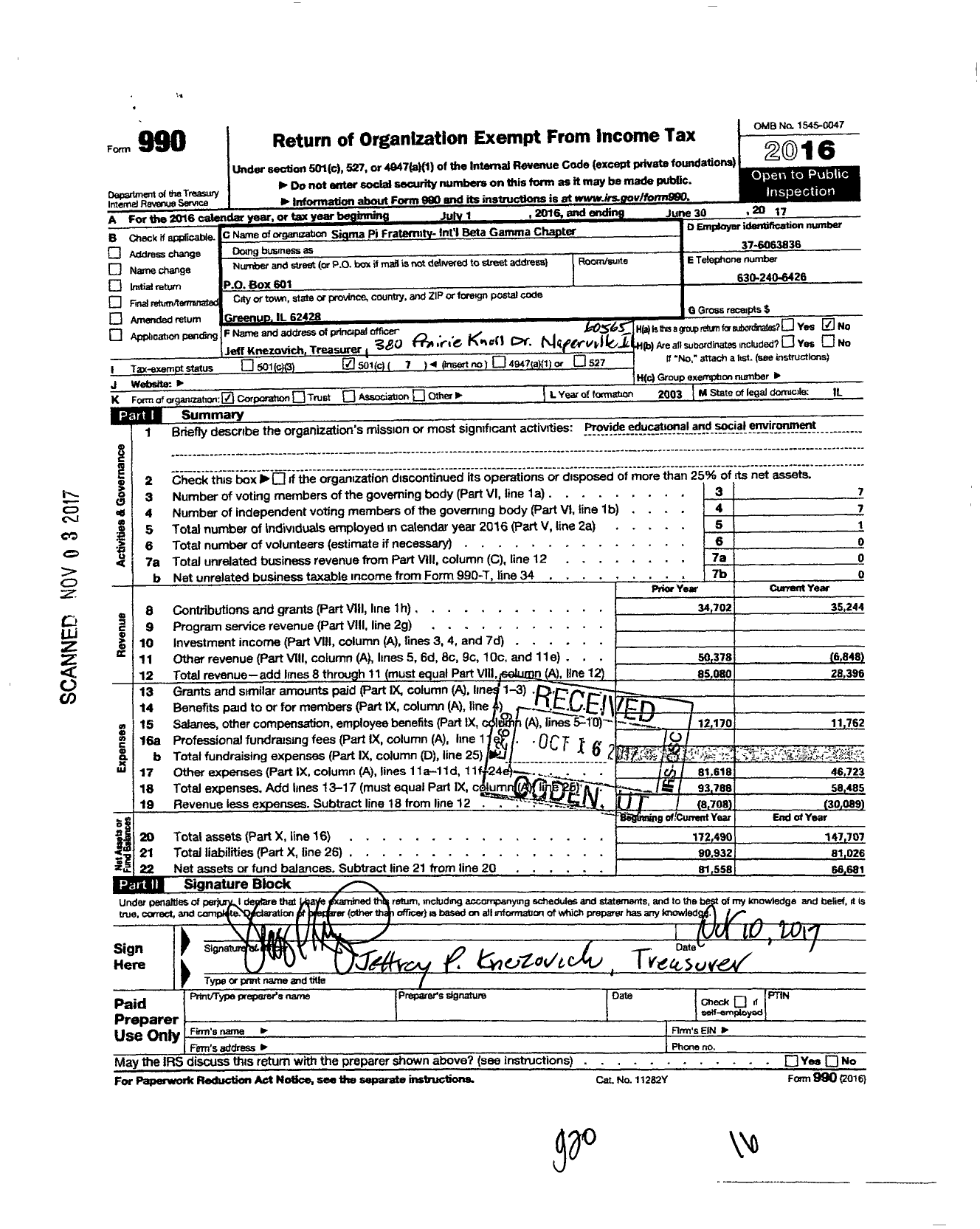 Image of first page of 2016 Form 990O for Sigma Pi Fraternity-Int'L Beta Gamma CHP